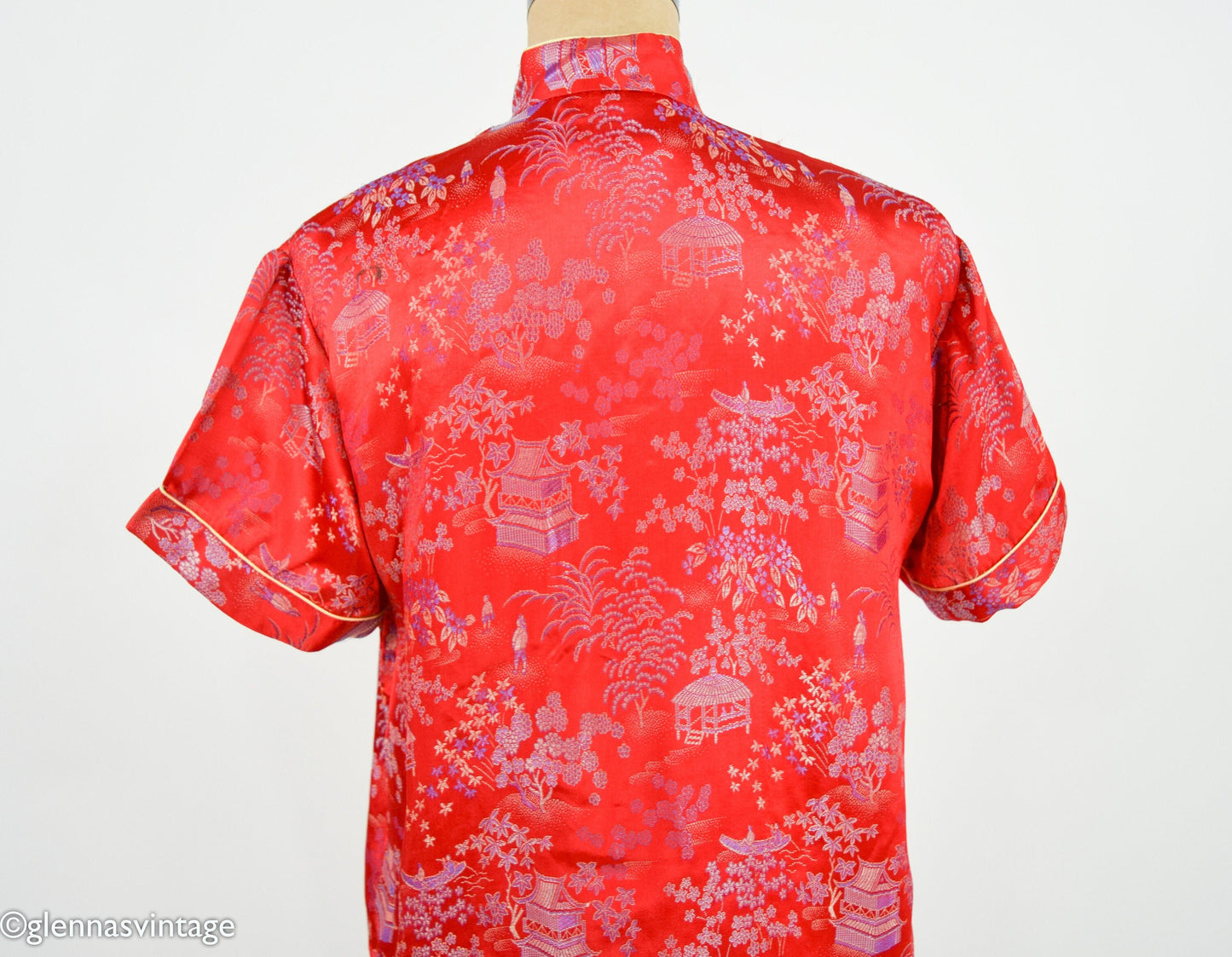 1950s Red Asian Design Pajama Set, Top & Pants Set, Large