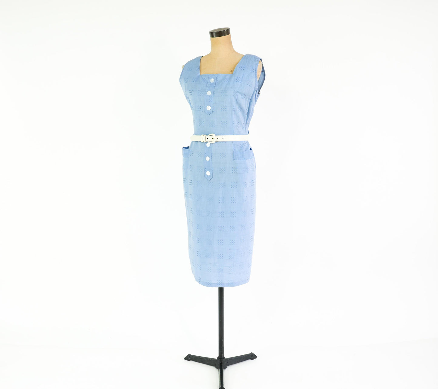 1950s Blue Print Cotton Day Dress, Large