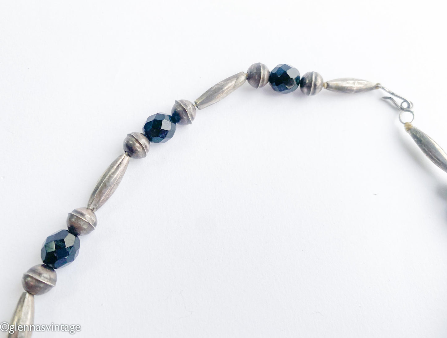 1940s Turquoise Pendant Necklace | Vintage Sterling Silver, Black Glass Beads