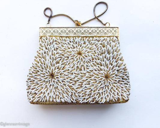 1950s White Gold Beaded Evening Bag