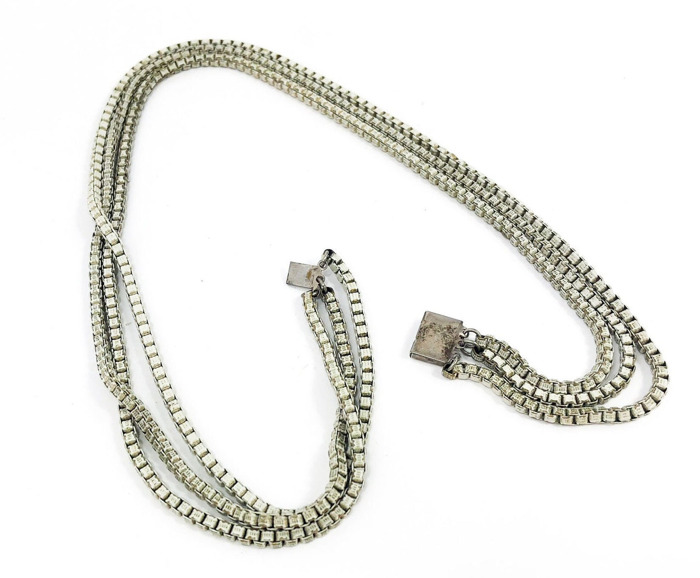 1930s White Enamel Box Chain Necklace | 30s White Box Chain Choker | 3 Strand Necklace