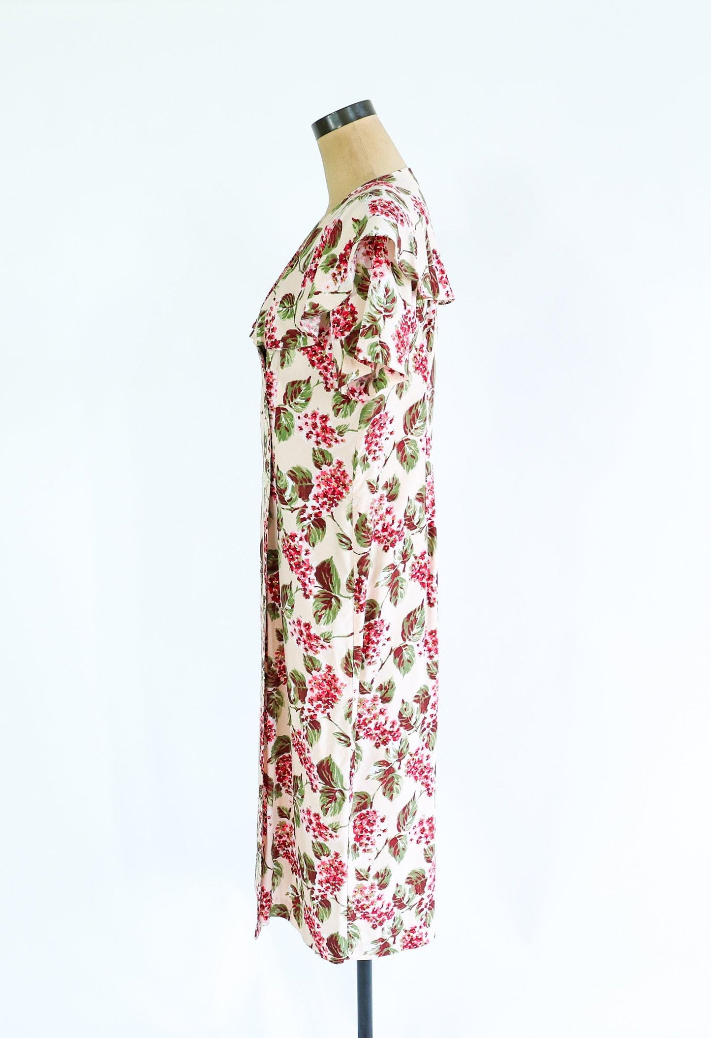 1980s Creme & Pink Floral Print Dress, Size 8 Medium