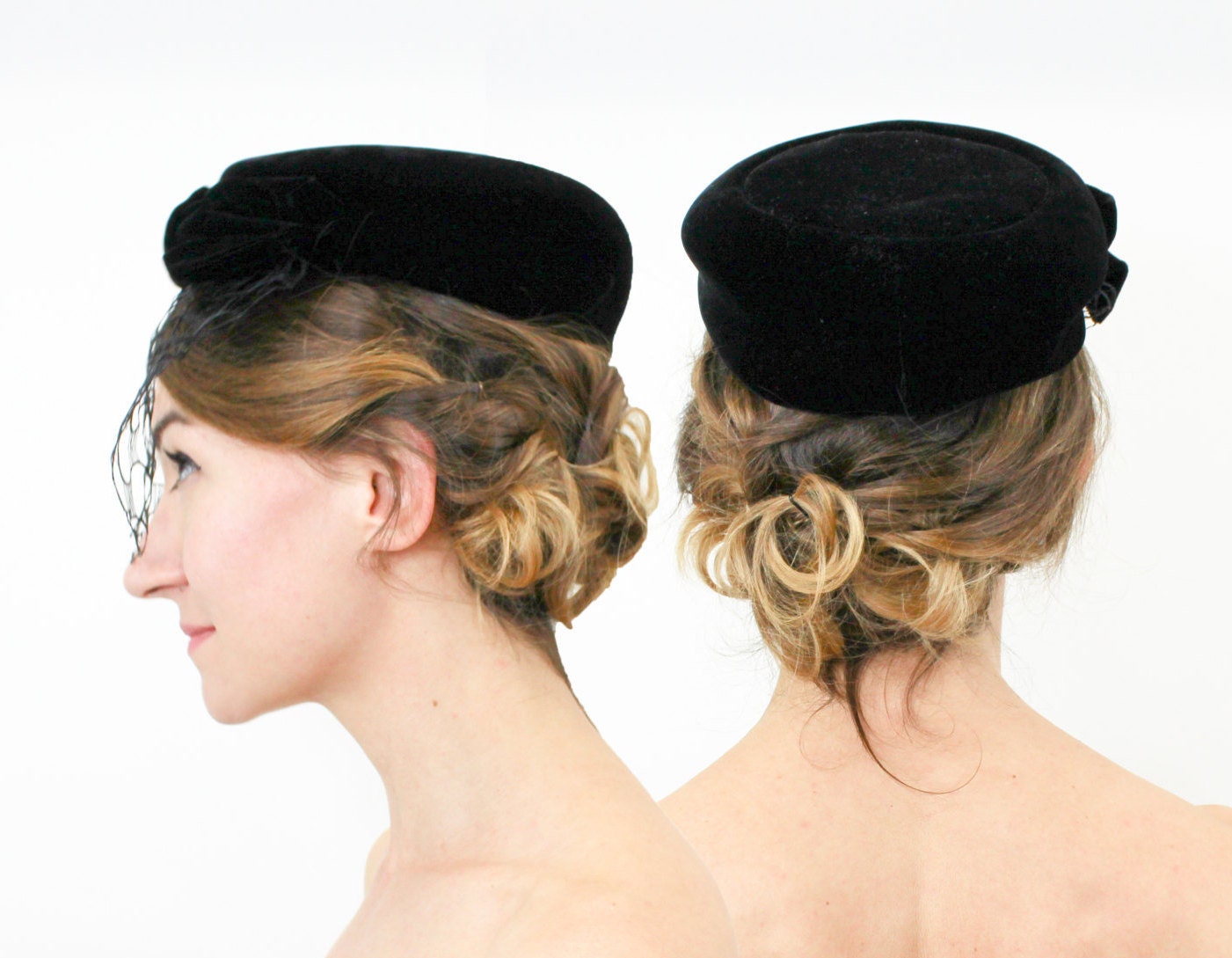 Mr John Classic Black Velvet Pillbox Hat 1950s