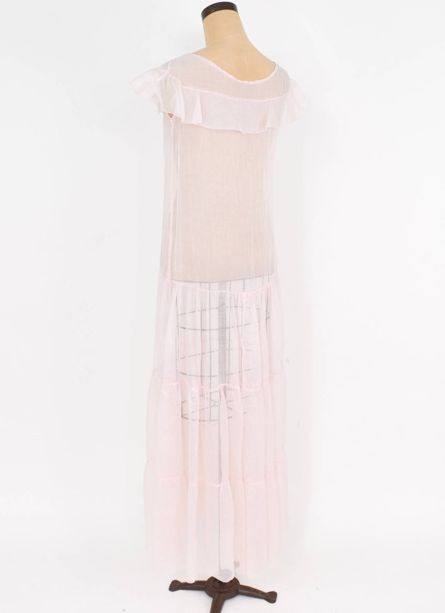 1930s Pale Pink Organza Evening Dress with Ruffle Trim, Medium