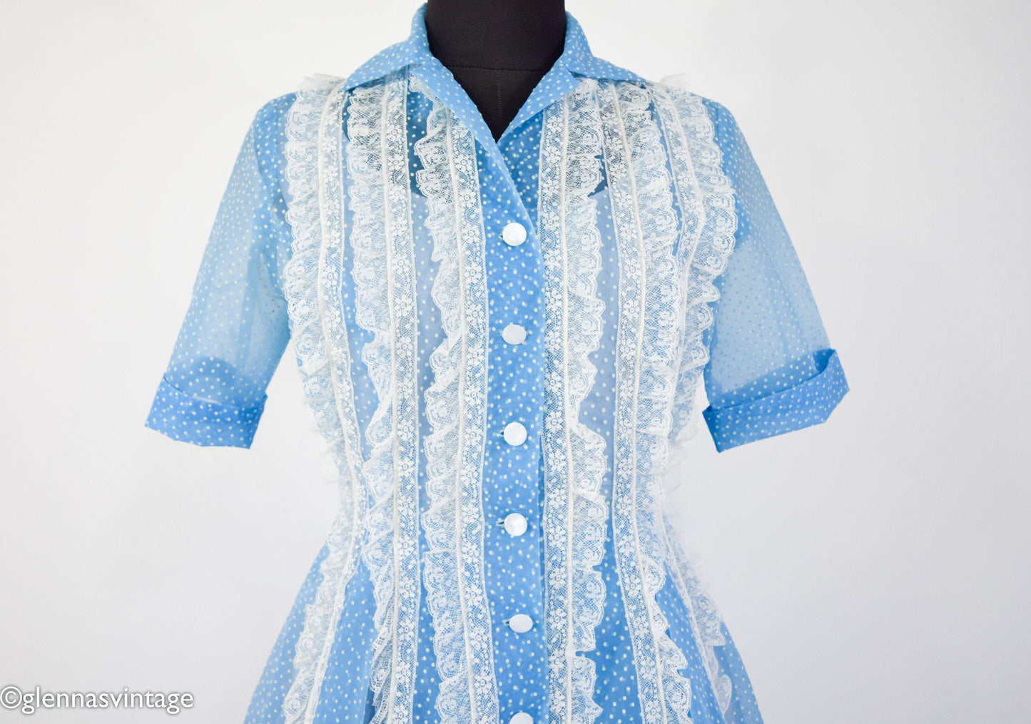 1950s Blue Dotted Swiss Dress with White Lace Trim, Small