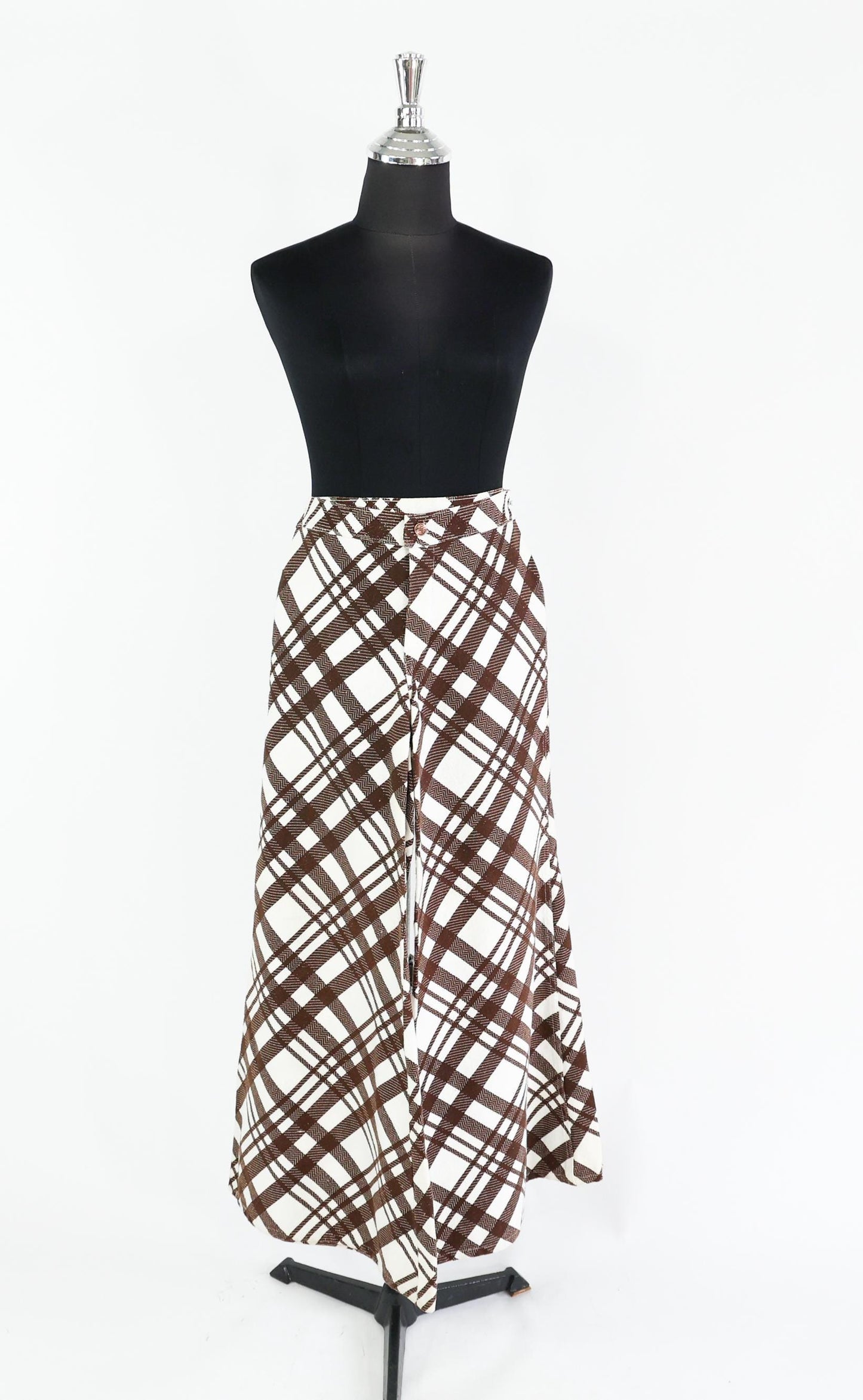 1970s Brown White Plaid Palazzo Pants, Medium