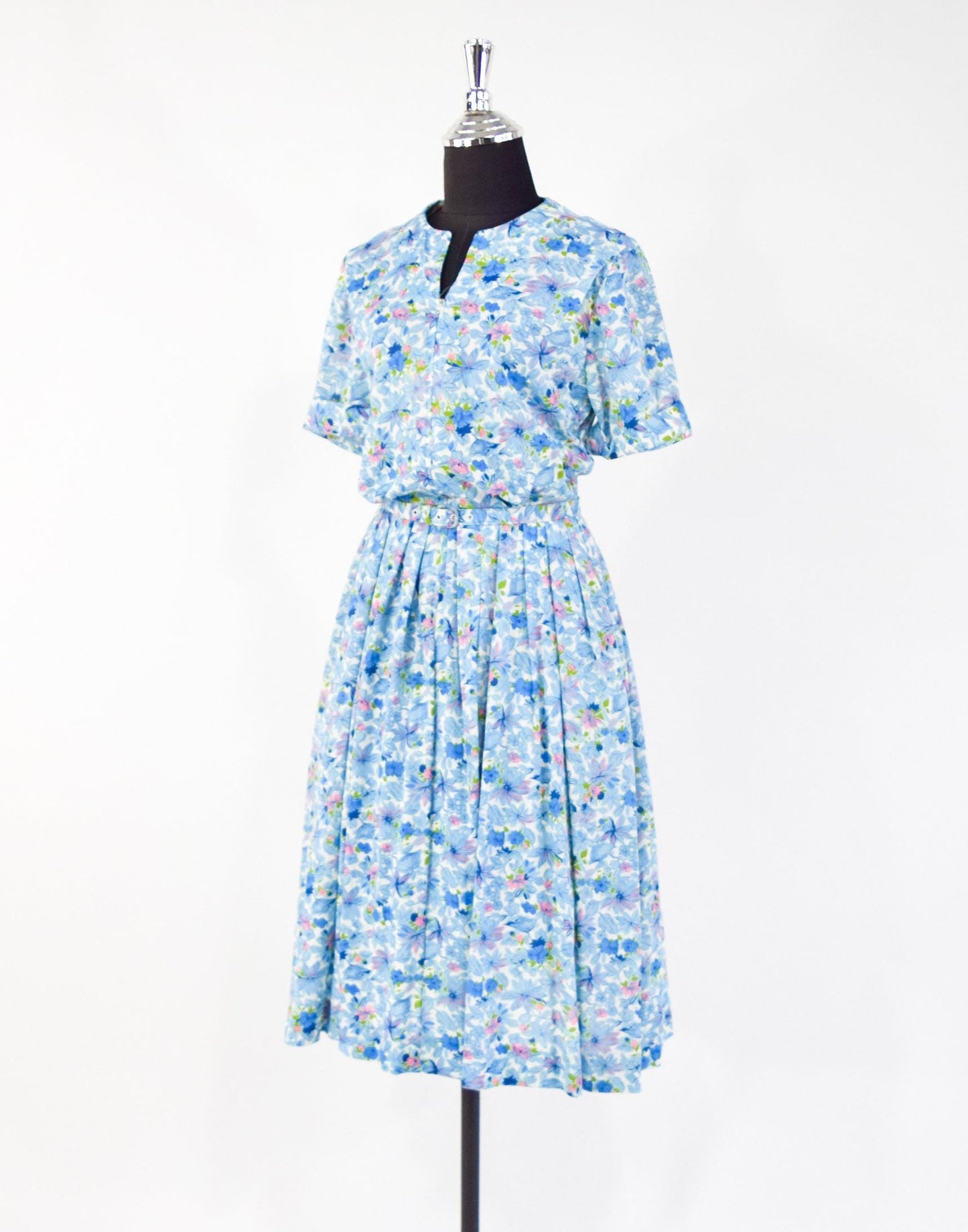 1950s Blue Floral Nylon Day Dress, Medium