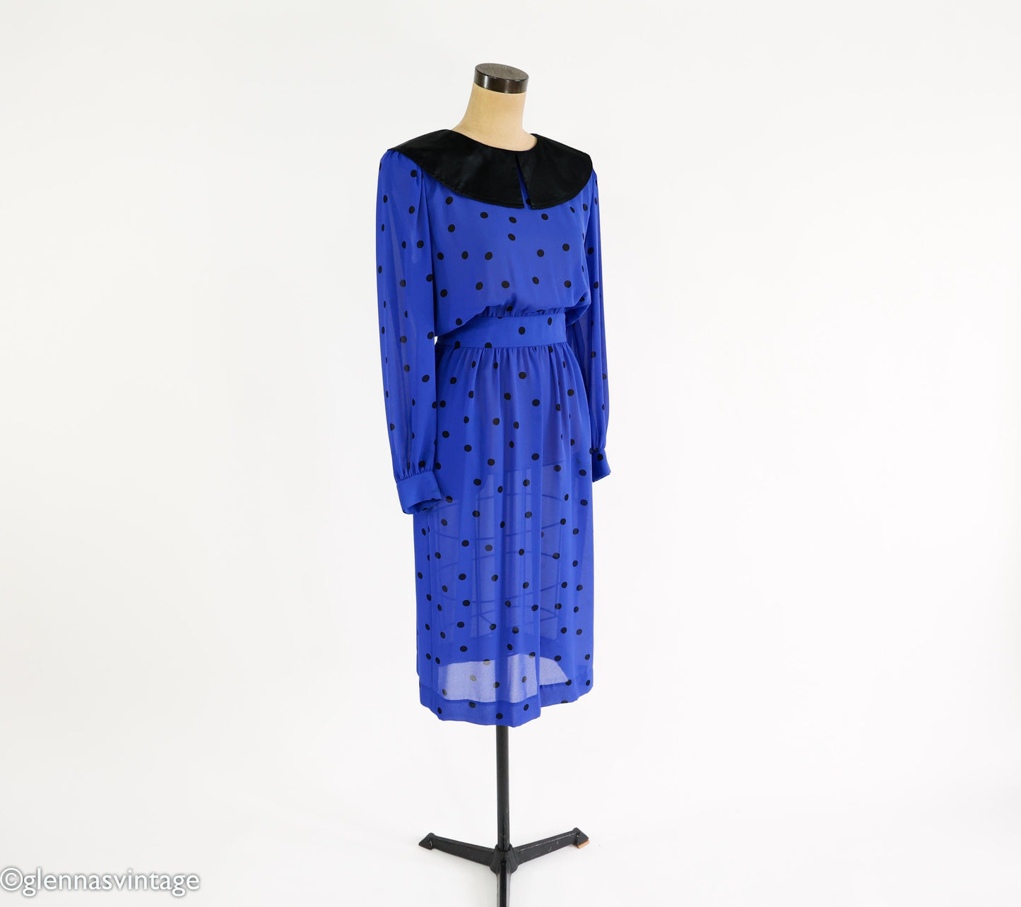 1980s Albert Nipon Blue Polka Dot Chiffon Dress, Small