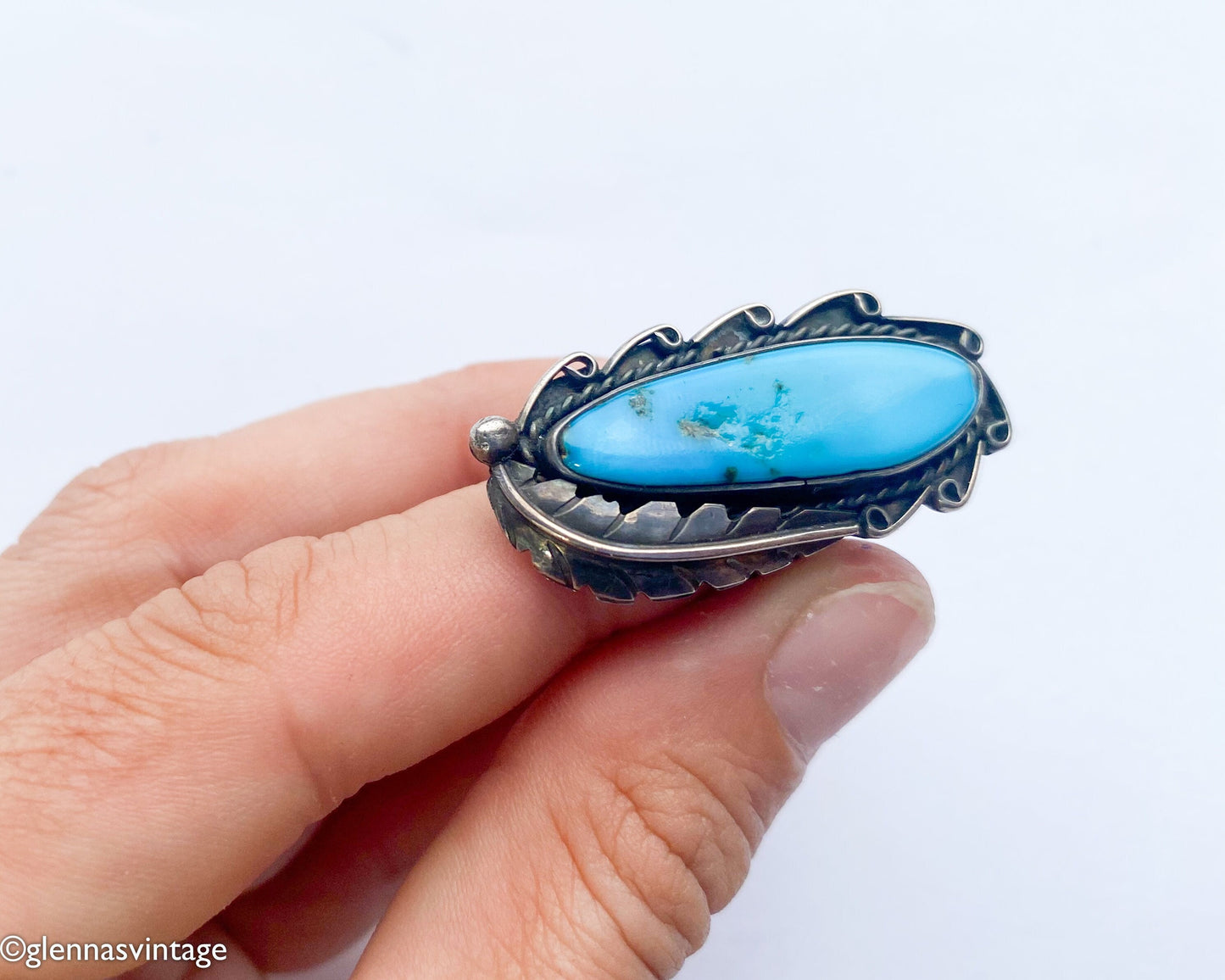 Vintage 1960s Turquoise Sterling Silver Ring | Southwest Feather Design, 6 1/2