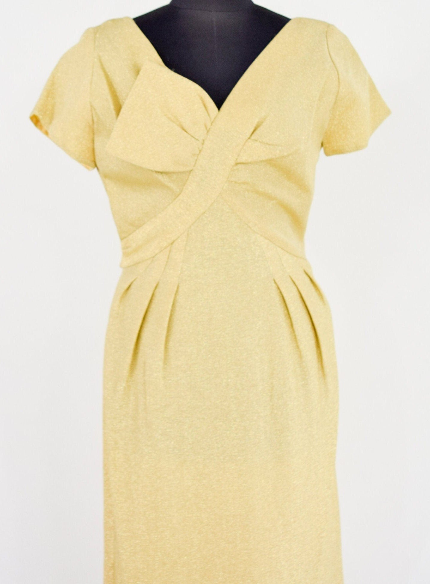 1950s Gold Lamé Cocktail Dress | Vintage Sheath, V-Neck