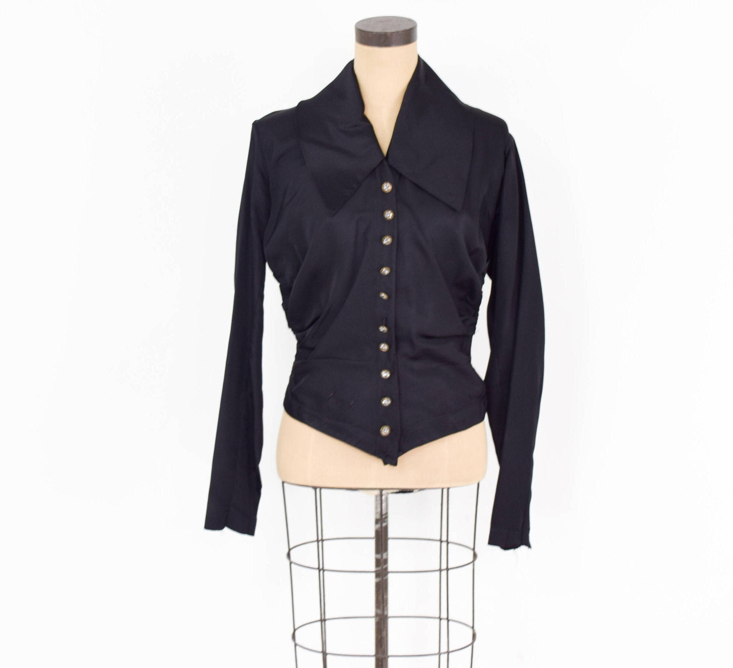 1800s Black Silk Blouse, Victorian Overblouse, Size Medium