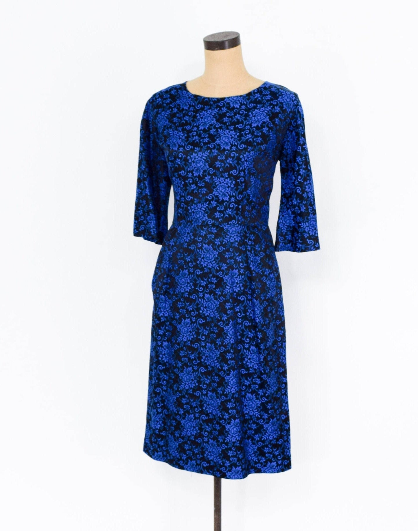 1950s Royal Blue Floral Brocade Party Dress, Medium