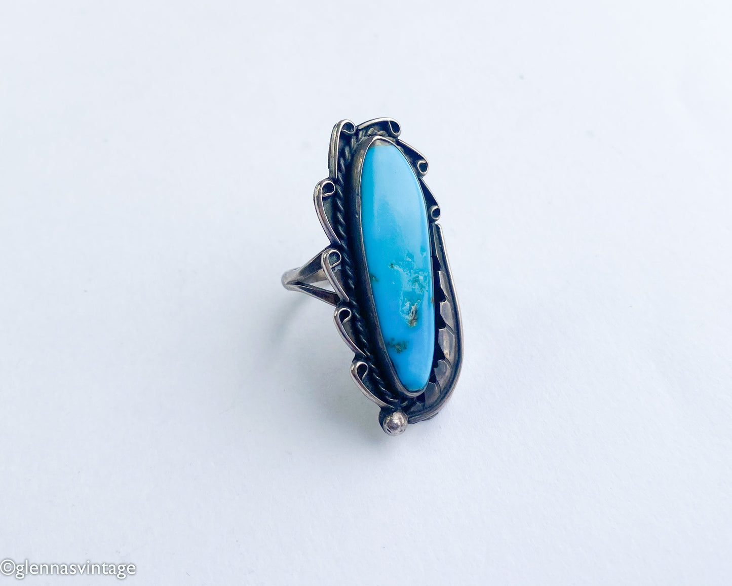 Vintage 1960s Turquoise Sterling Silver Ring | Southwest Feather Design, 6 1/2