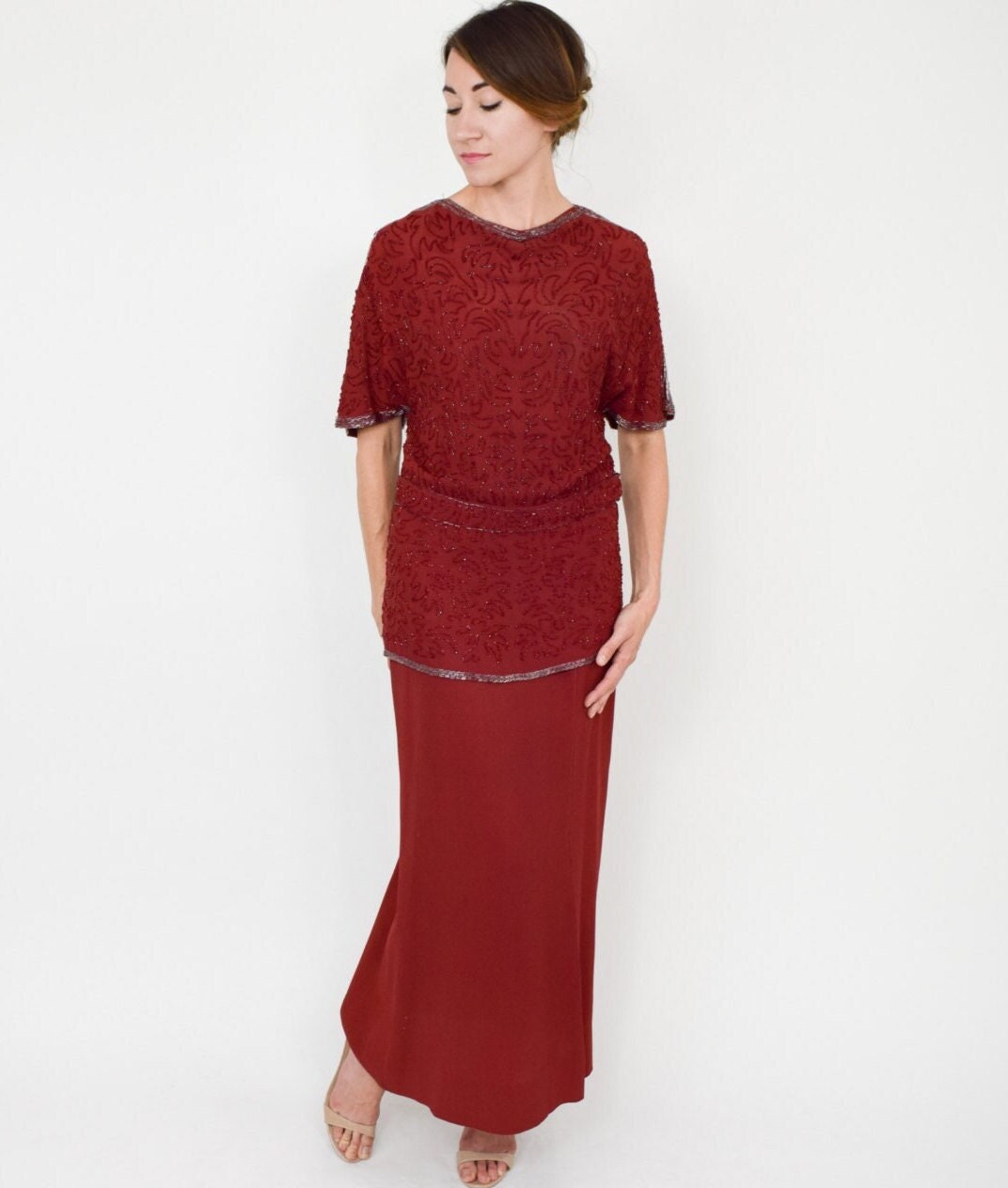 1940s Burgundy Beaded Evening Gown | 40s Red Gown |  Old Hollywood | Medium
