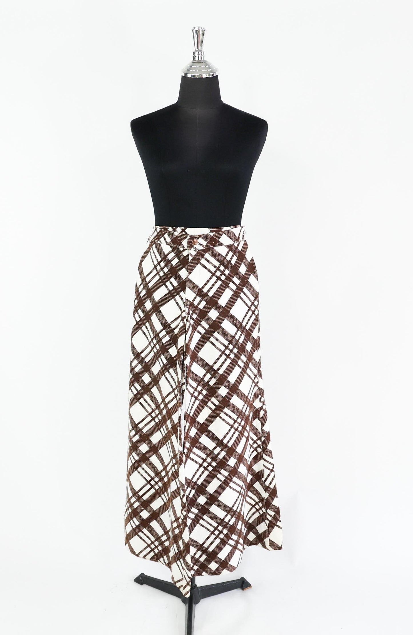 1970s Brown White Plaid Palazzo Pants, Medium