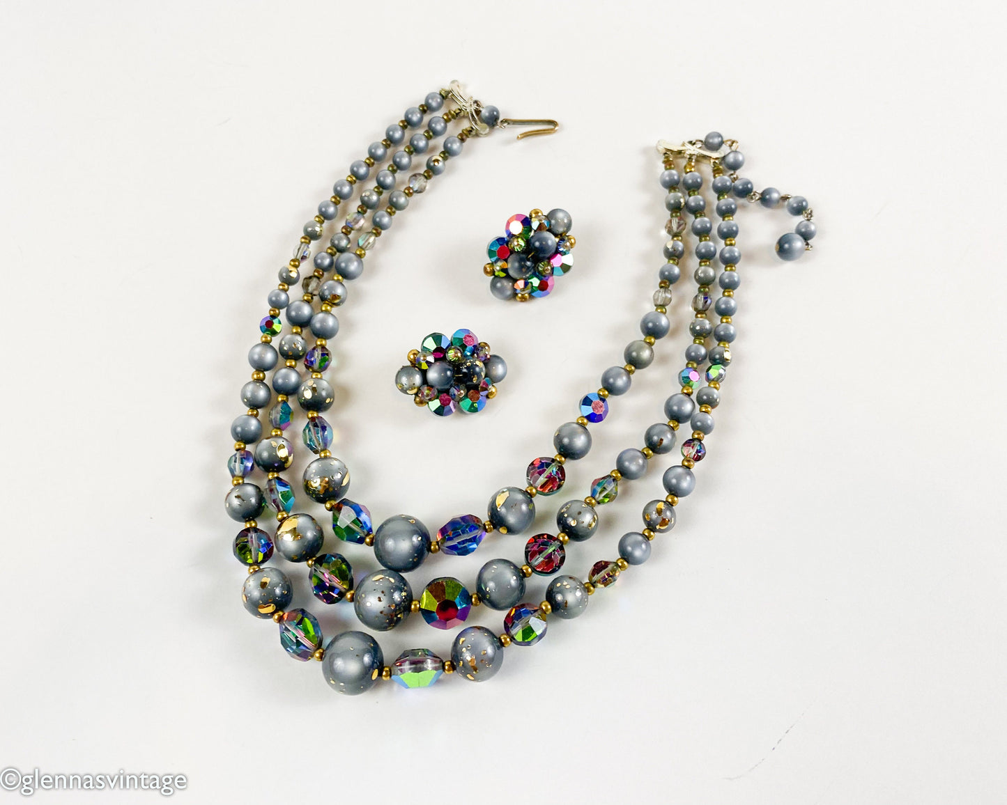 1960s Gray Aurora Borealis Necklace and Clip Earrings Set