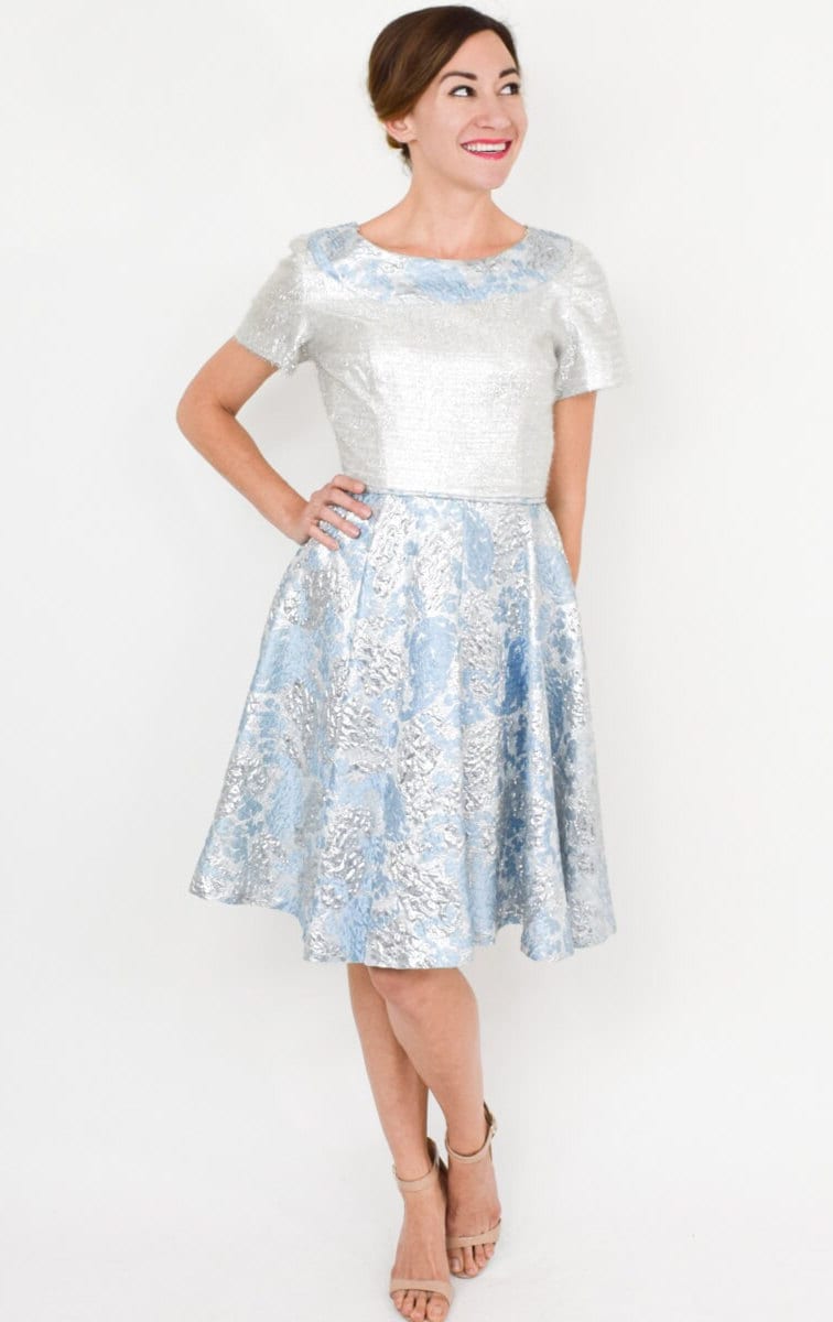 1960s Blue & Silver Party Dress | 60s Metallic Blue Floral Brocade Dress | Extra Small