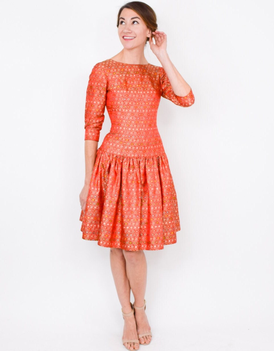 1950s Orange Silk Brocade Party Dress | Drop Waist, XS