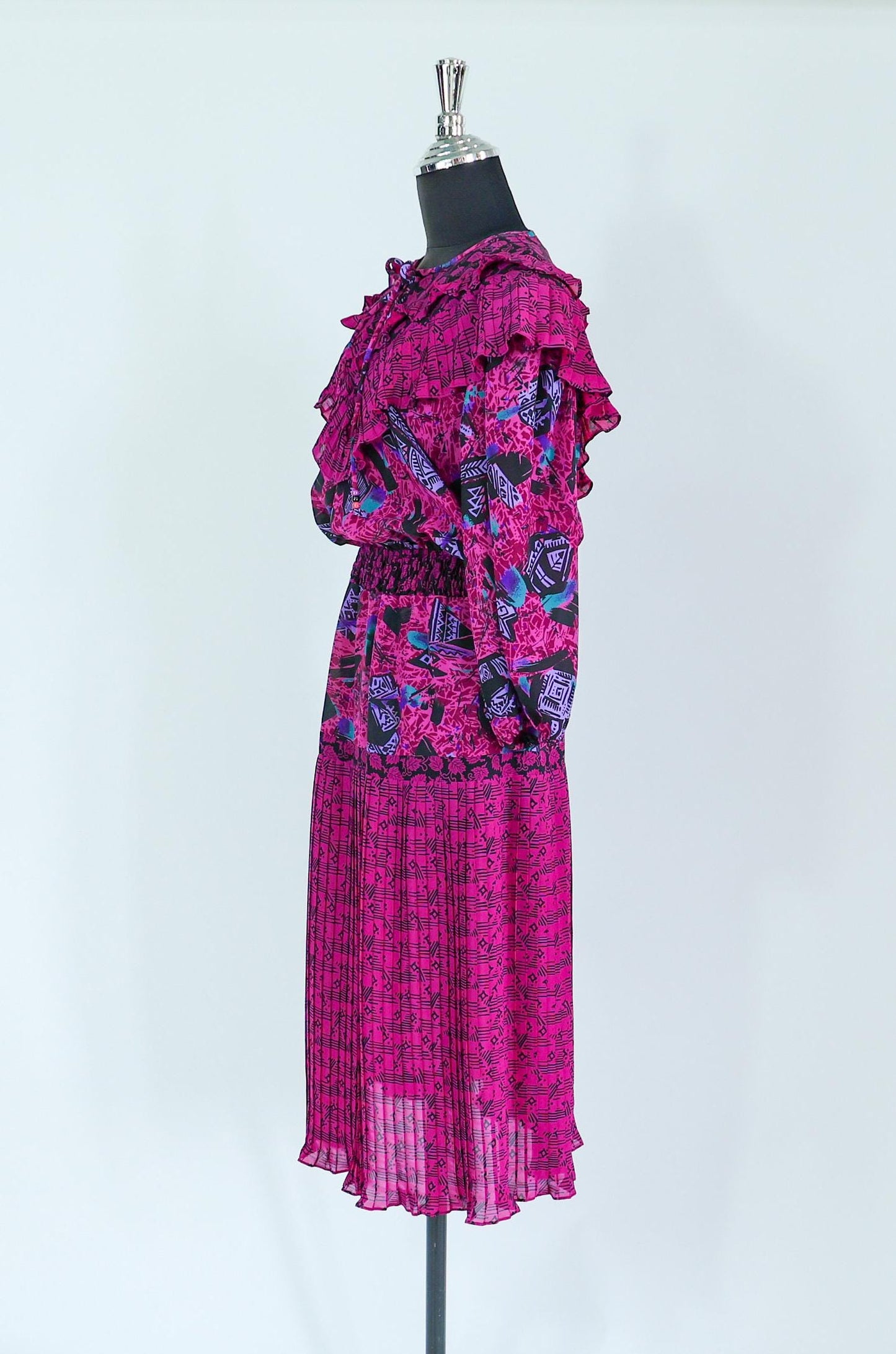 1980s Fuchsia Print Dress, Medium