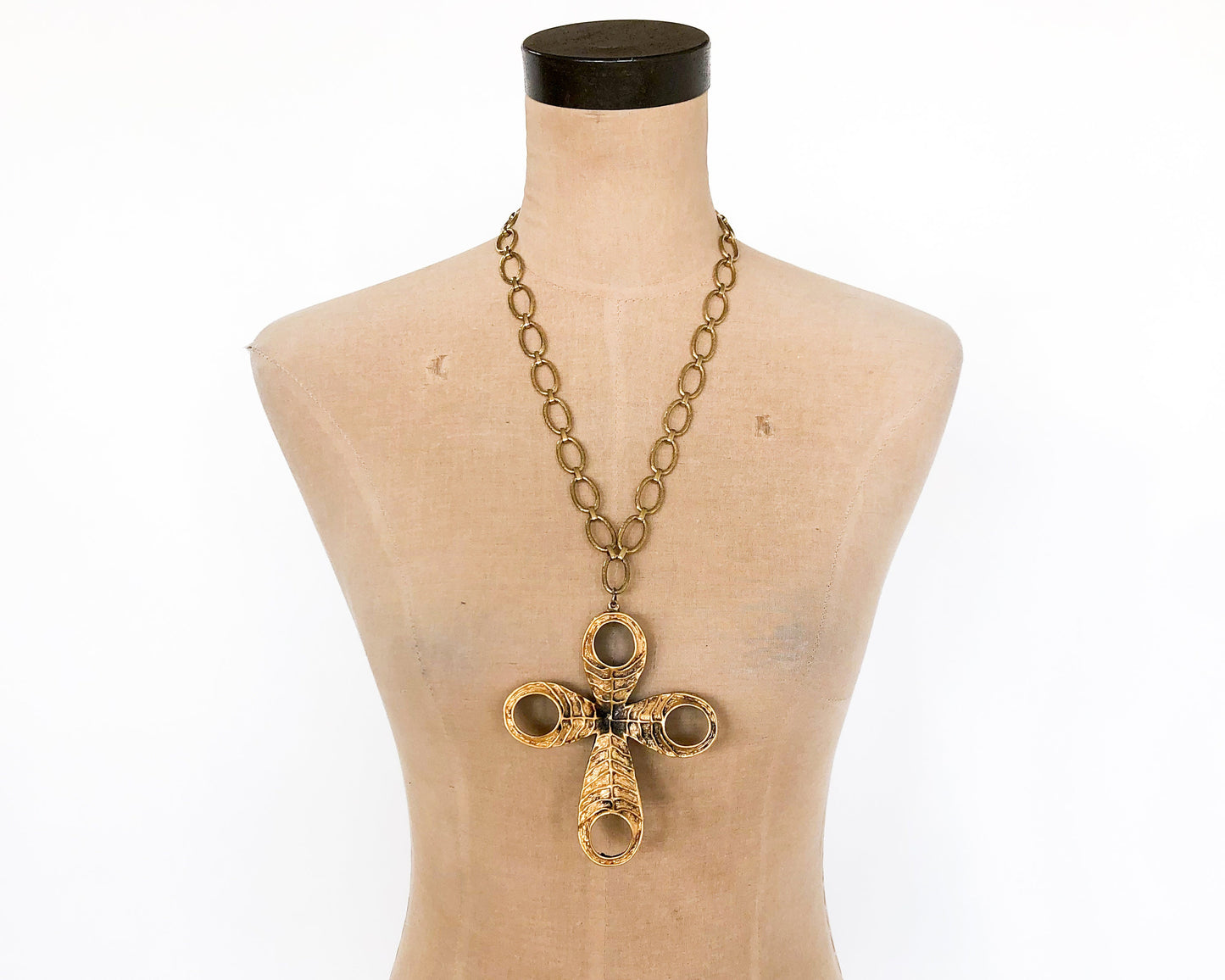1970s Tortoloni Gold Cross Pendant Necklace | Brushed Metal Boho