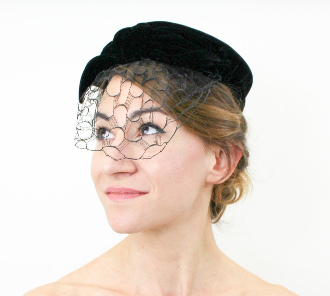 Mr John Classic Black Velvet Pillbox Hat 1950s