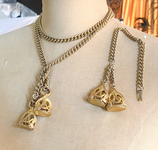 1950s Gold Metal Lariat Necklace & Bracelet Set