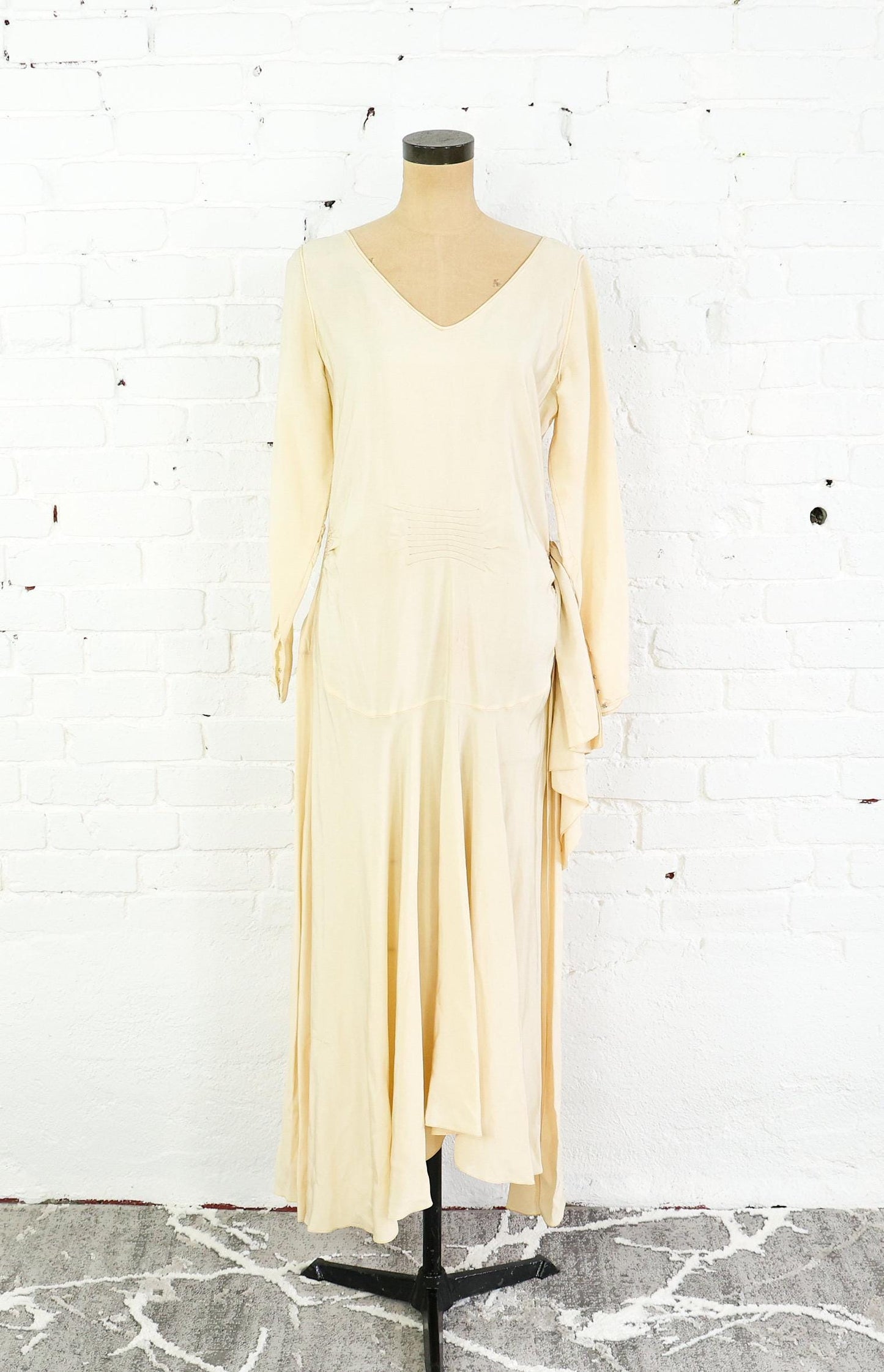1930s Ivory Creme Silk Evening Dress, Long Sleeve Bridal Gown , Medium