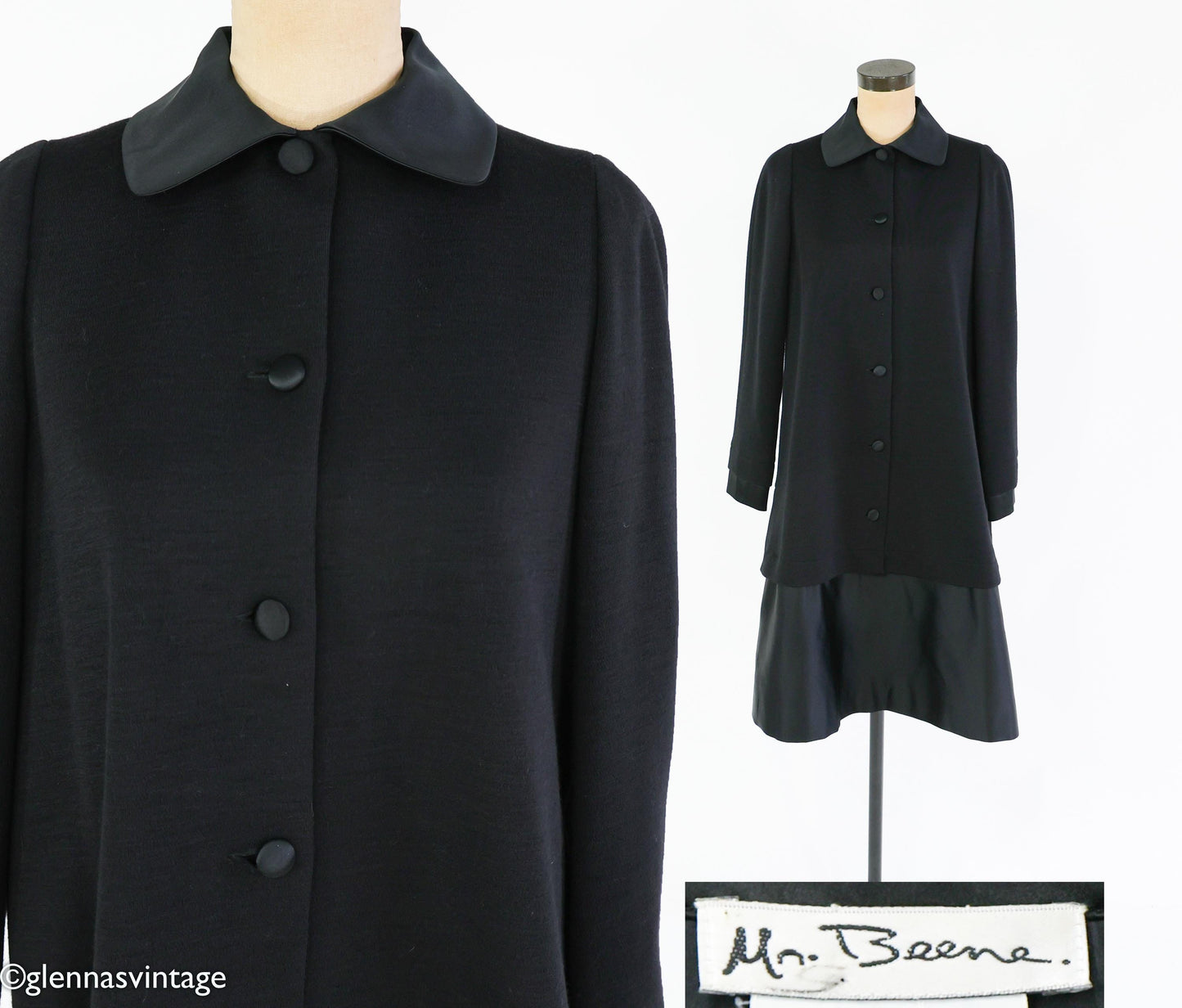 1990s Geoffrey Beene Black Wool Coat Dress | Black & Satin Tailored Coat, Size 8