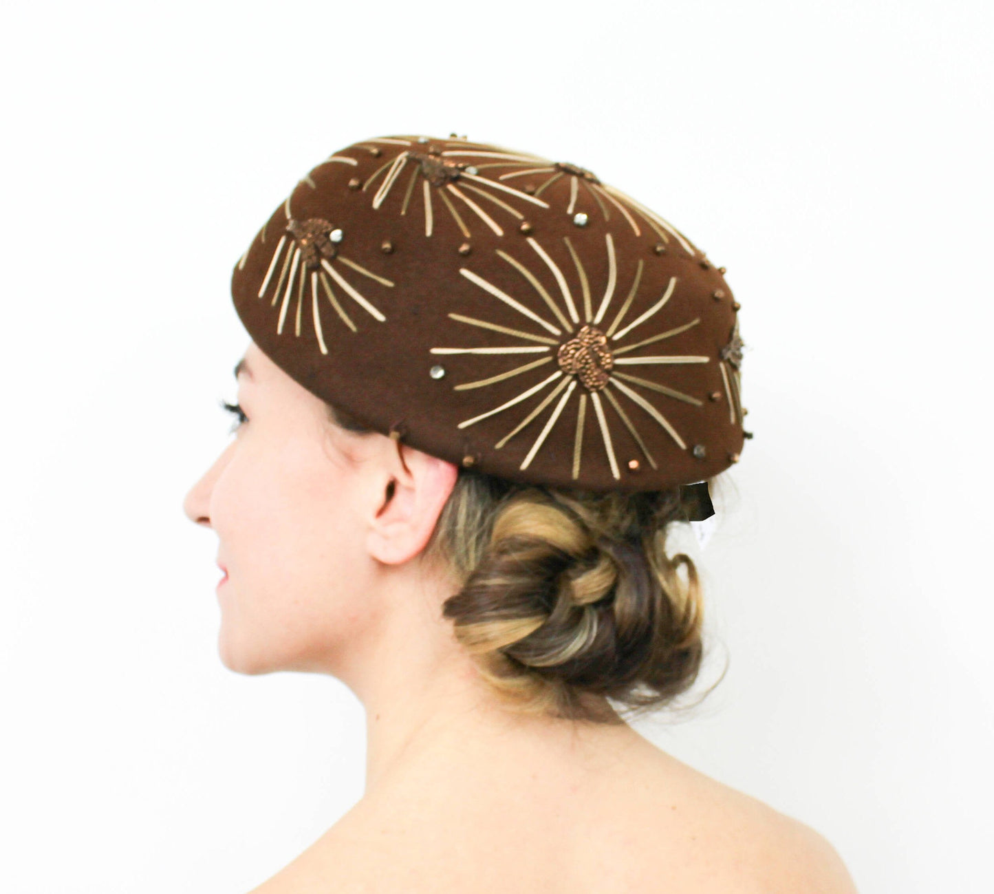 1950s Brown Rhinestone & Wool Felt Hat