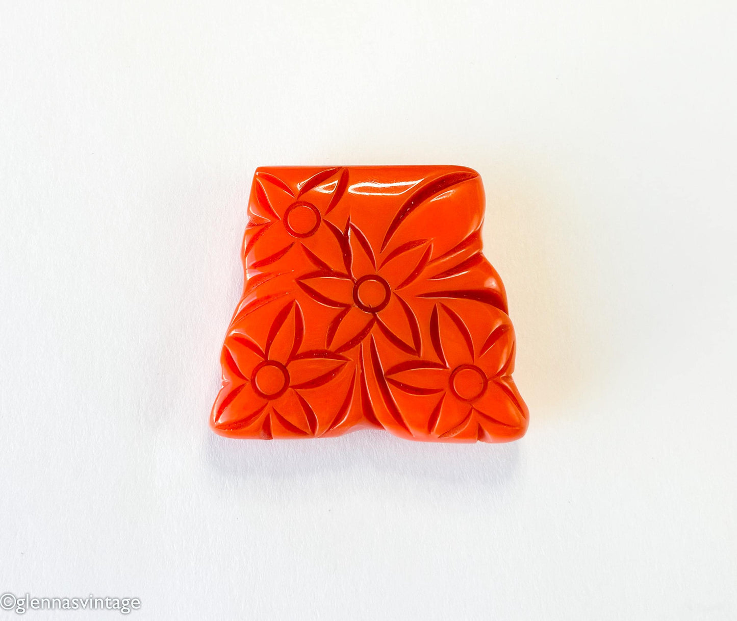 Vintage 1930s Orange Bakelite Dress Clip | Carved Floral Plastic Clip