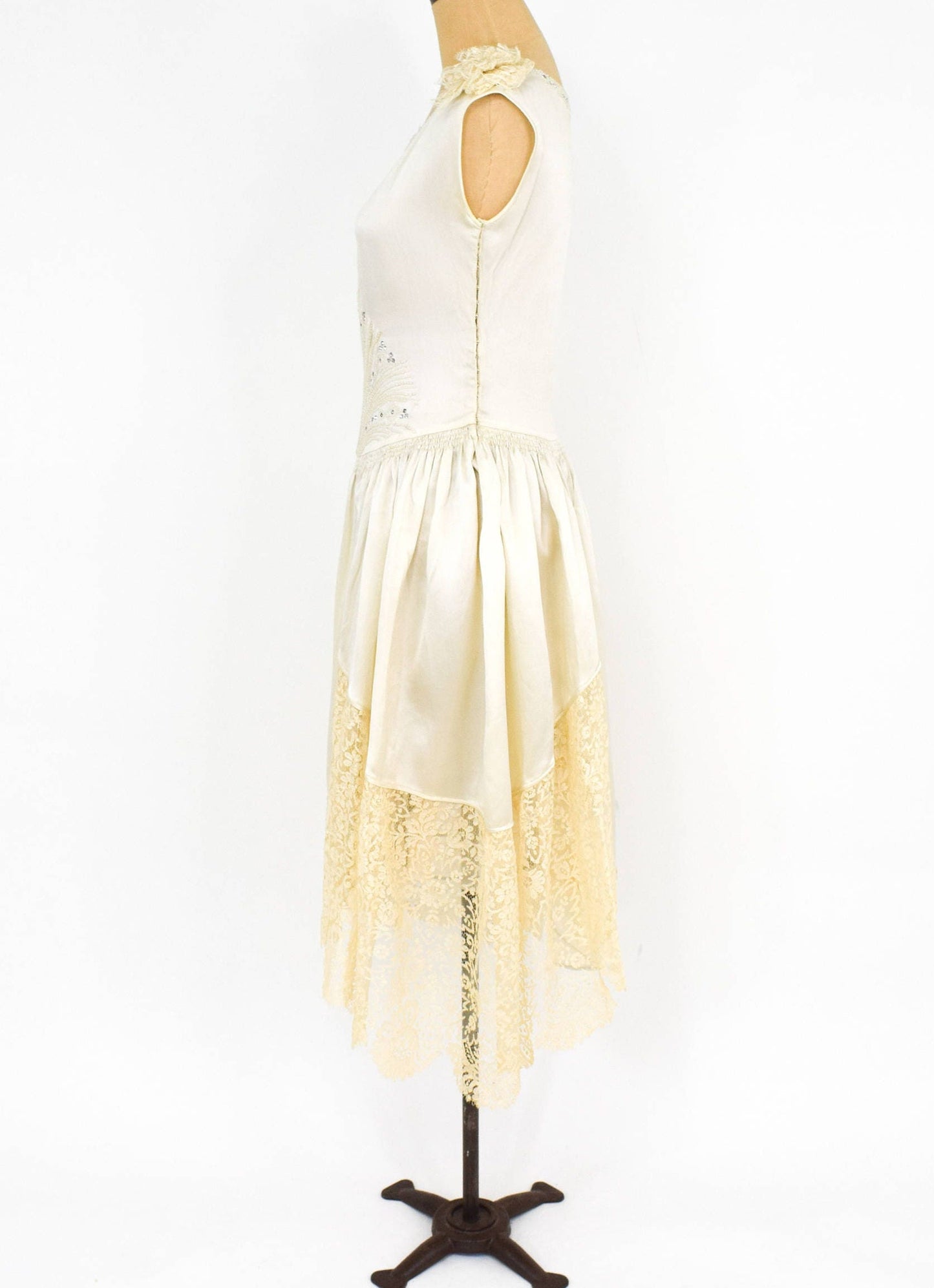 1930s  White Silk Beaded Wedding Dress with Rhinestones & Lace, Small