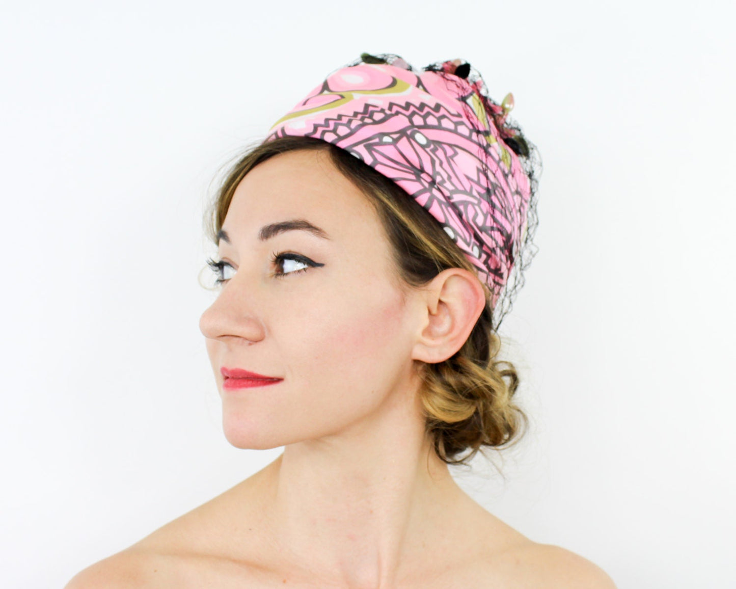 1960s Pink Print Turban Hat