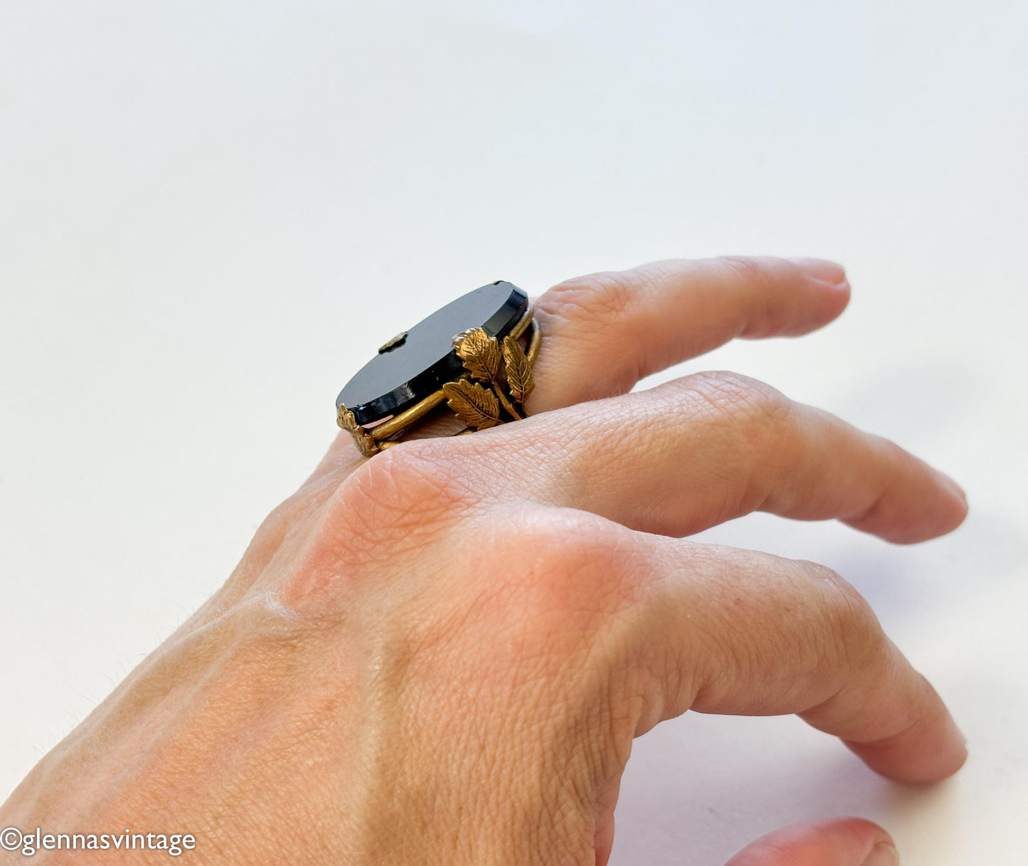 1920s Art Deco Black Glass Ring | Gilt Brass Leaves, Size 5.75
