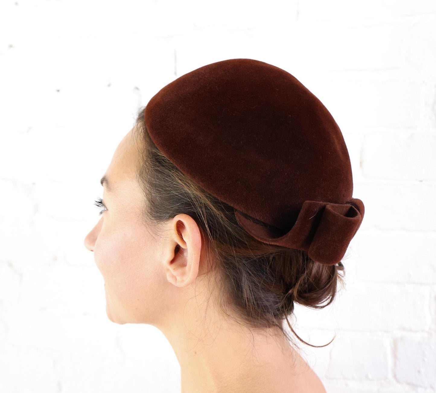 1950s Brown Wool Velour Bow Hat, Gene Doris New York