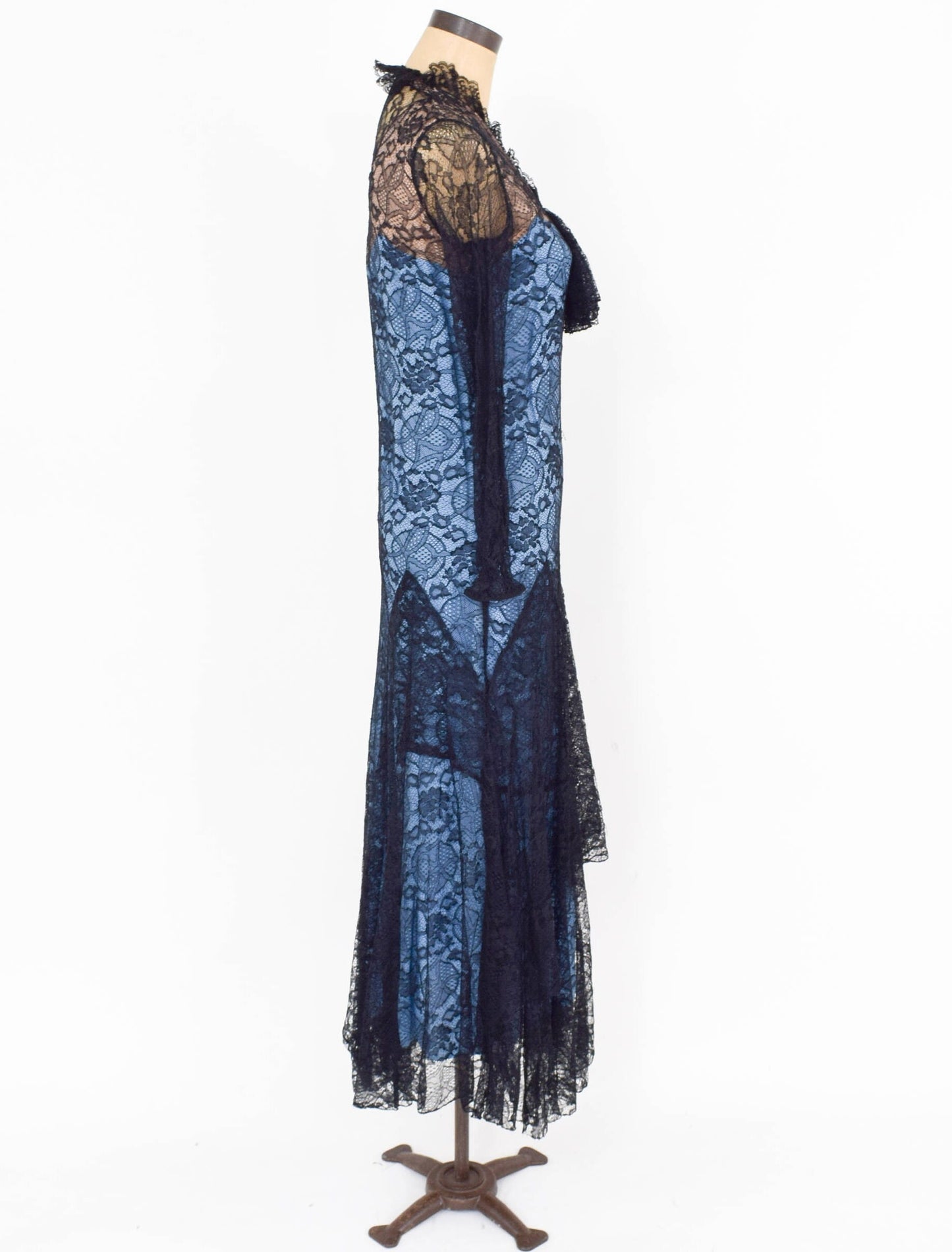 1930s Blue Black Lace Evening Dress, Small