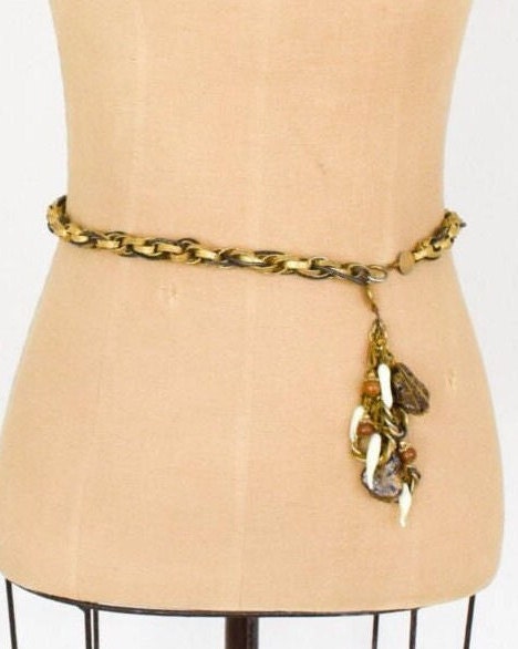 1970s Bronze Chain Belt, Glass & Stone Brass Belt