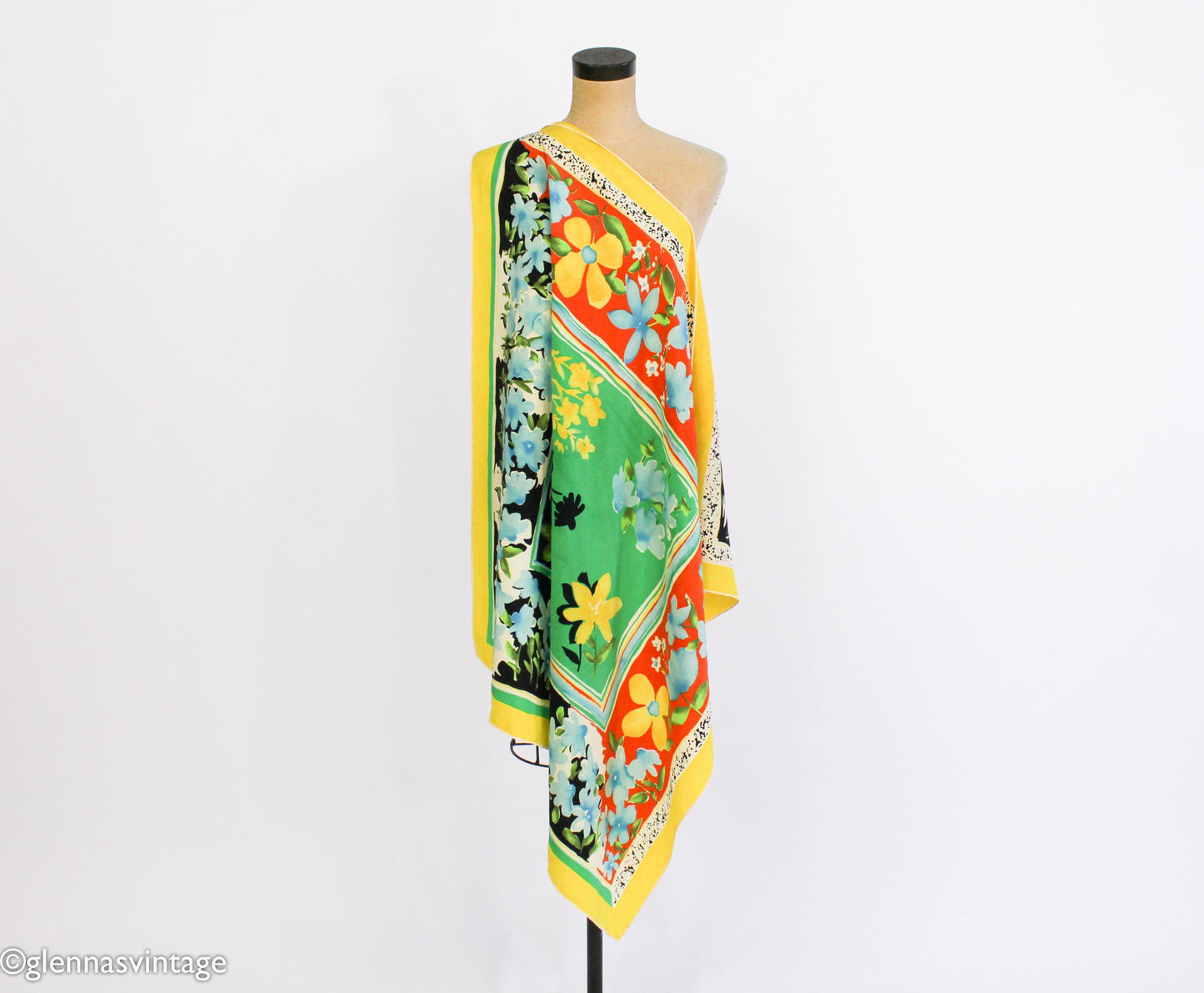 1980s Floral Silk Scarf | Green, Yellow, & Orange | Piramit