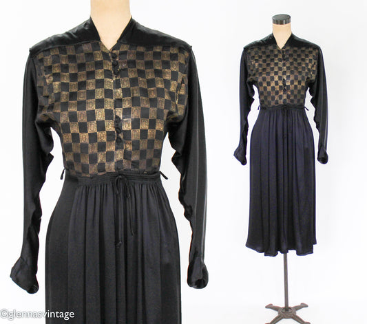 1940s Gold & Black Silk Dress | 40s Black Silk Embroidered Dress | Tula | Small