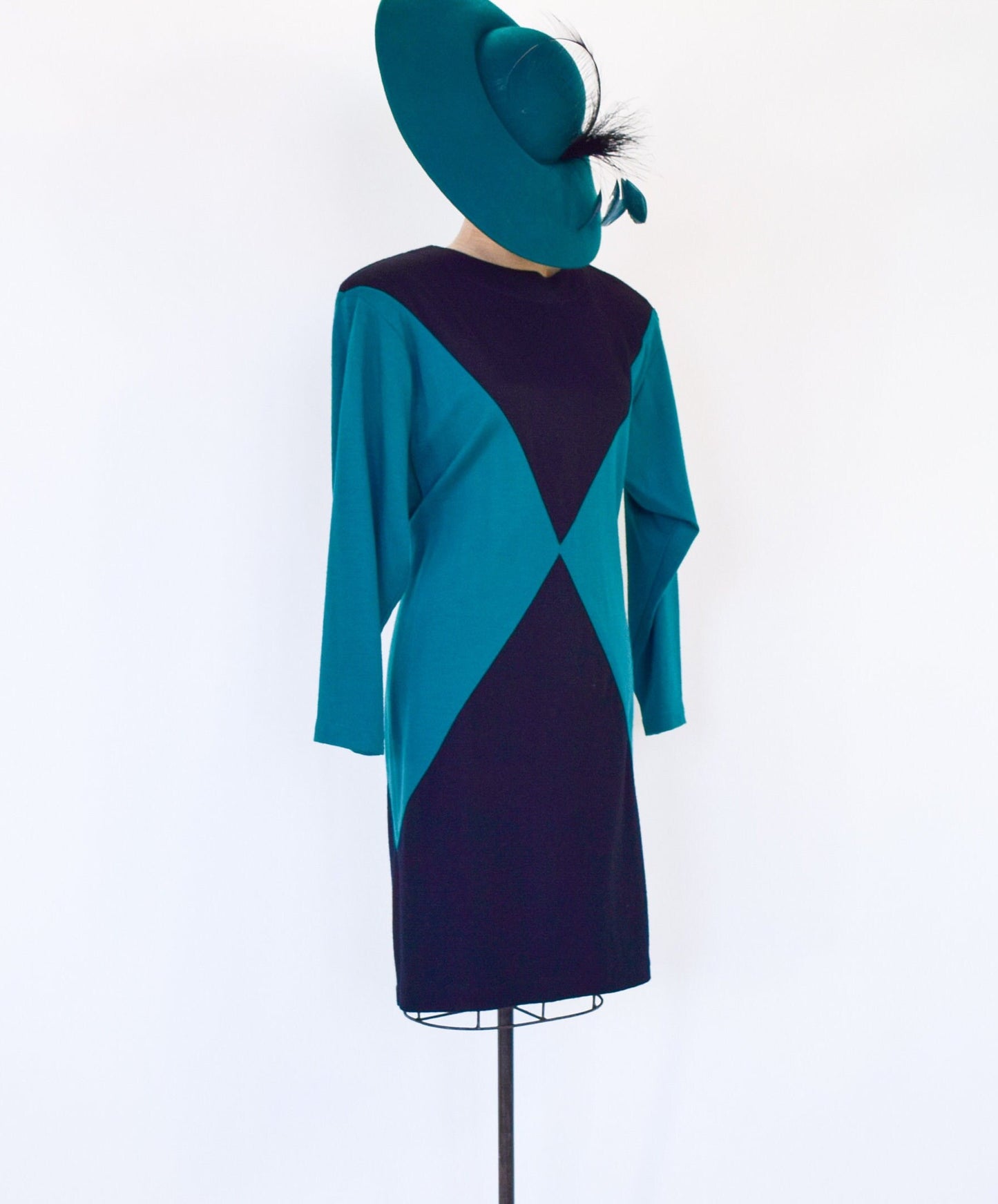 1980s Green Black Color Block Dress | 80s Black & Green Knit Dress | Color Block Dress | Karen Kane | Medium