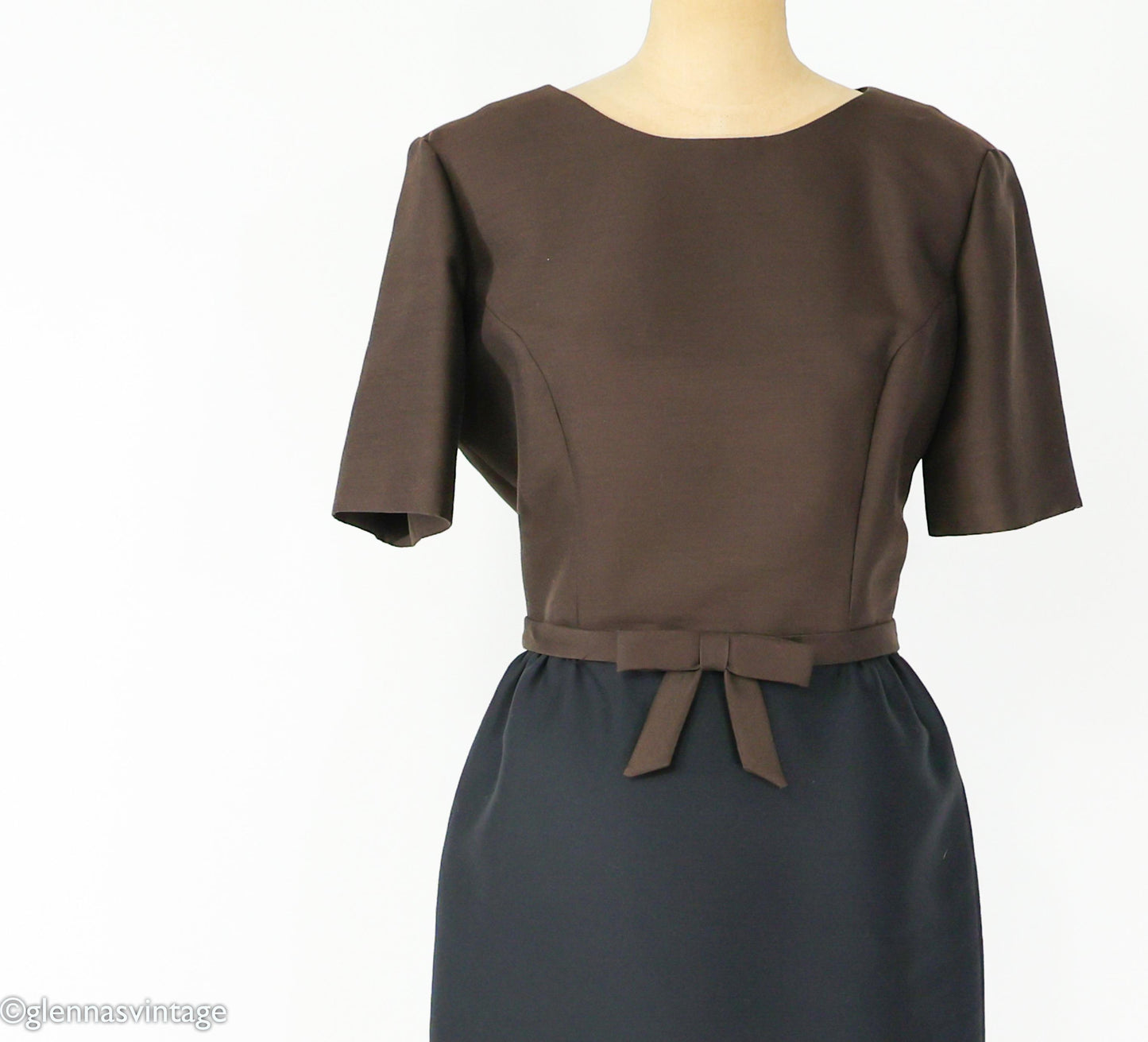 1950s Brown Black Silk Shantung Dress, Large
