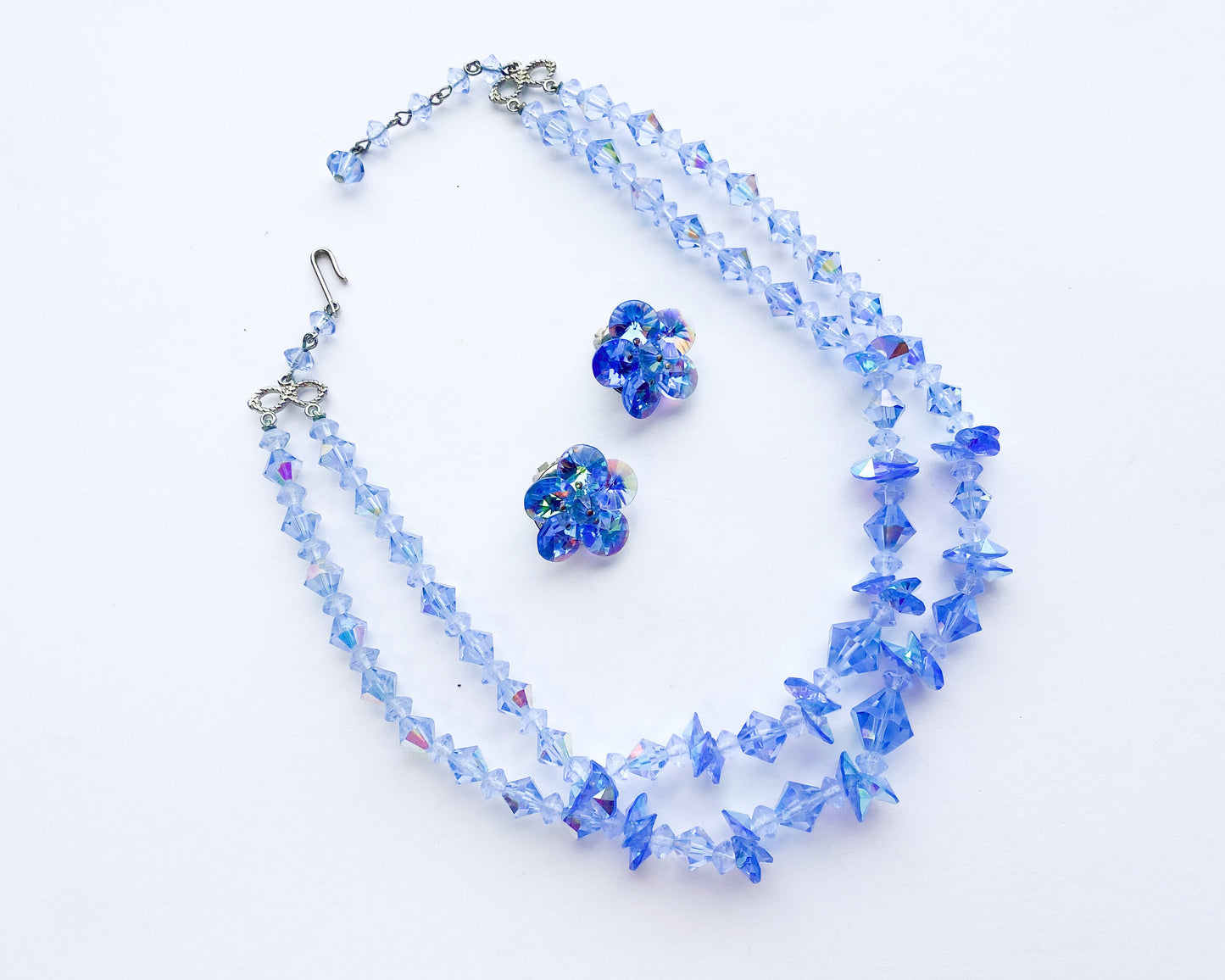 1950s Blue Crystal Necklace Set | 50s Blue Glass Bead Necklace & Clip Earrings