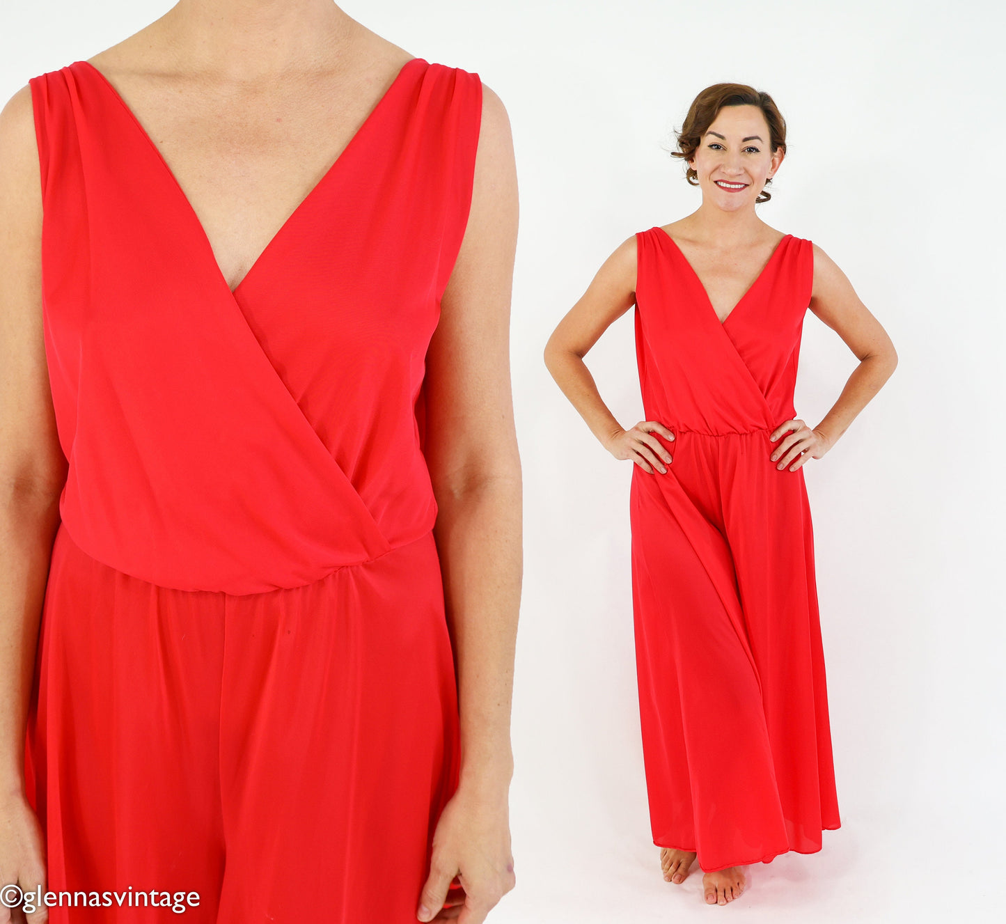 1970s Red Nylon Jumpsuit | 70s Red Loungewear | Jer Marai | Medium