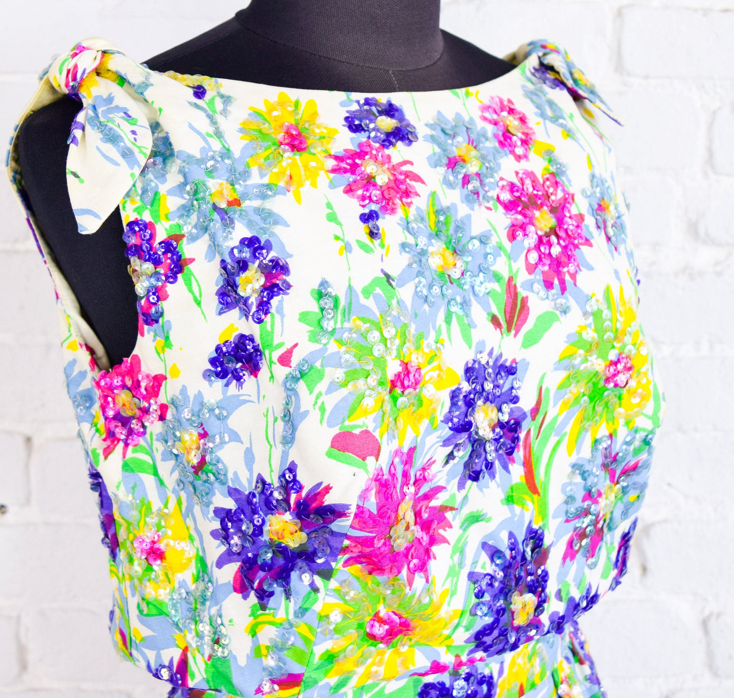 1950s Colorful Floral Sequin Party Dress, Small