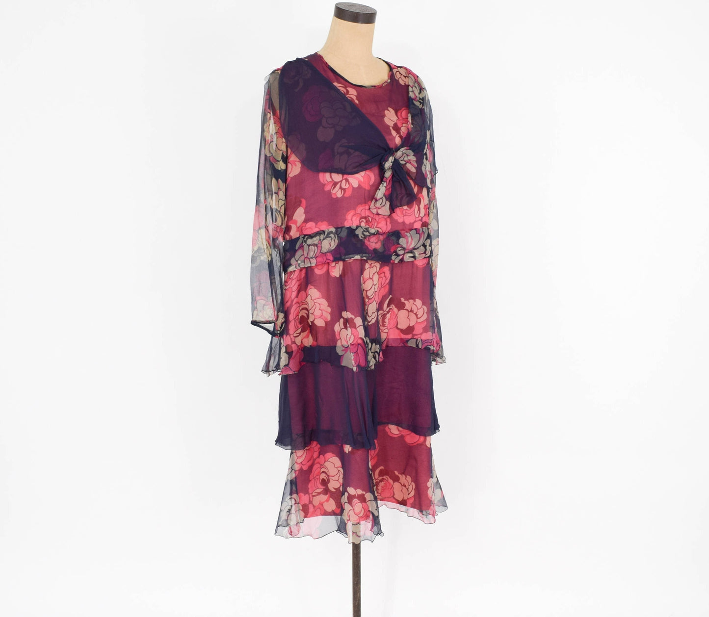 1900s  Navy & Red Floral Layered Dress | Navy Flowered Silk Chiffon Dress | Large