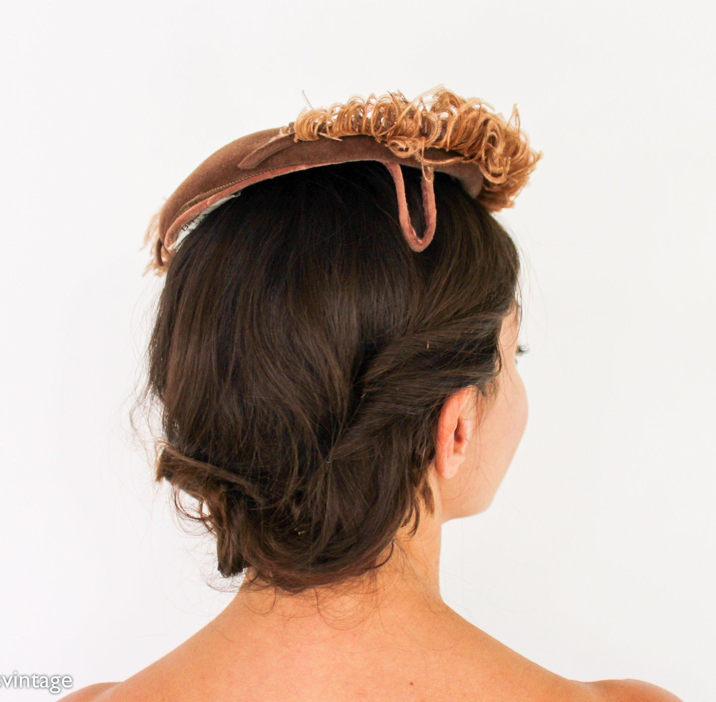 1950s Brown Wool Velour Saucer Hat | Vintage Feather Trim