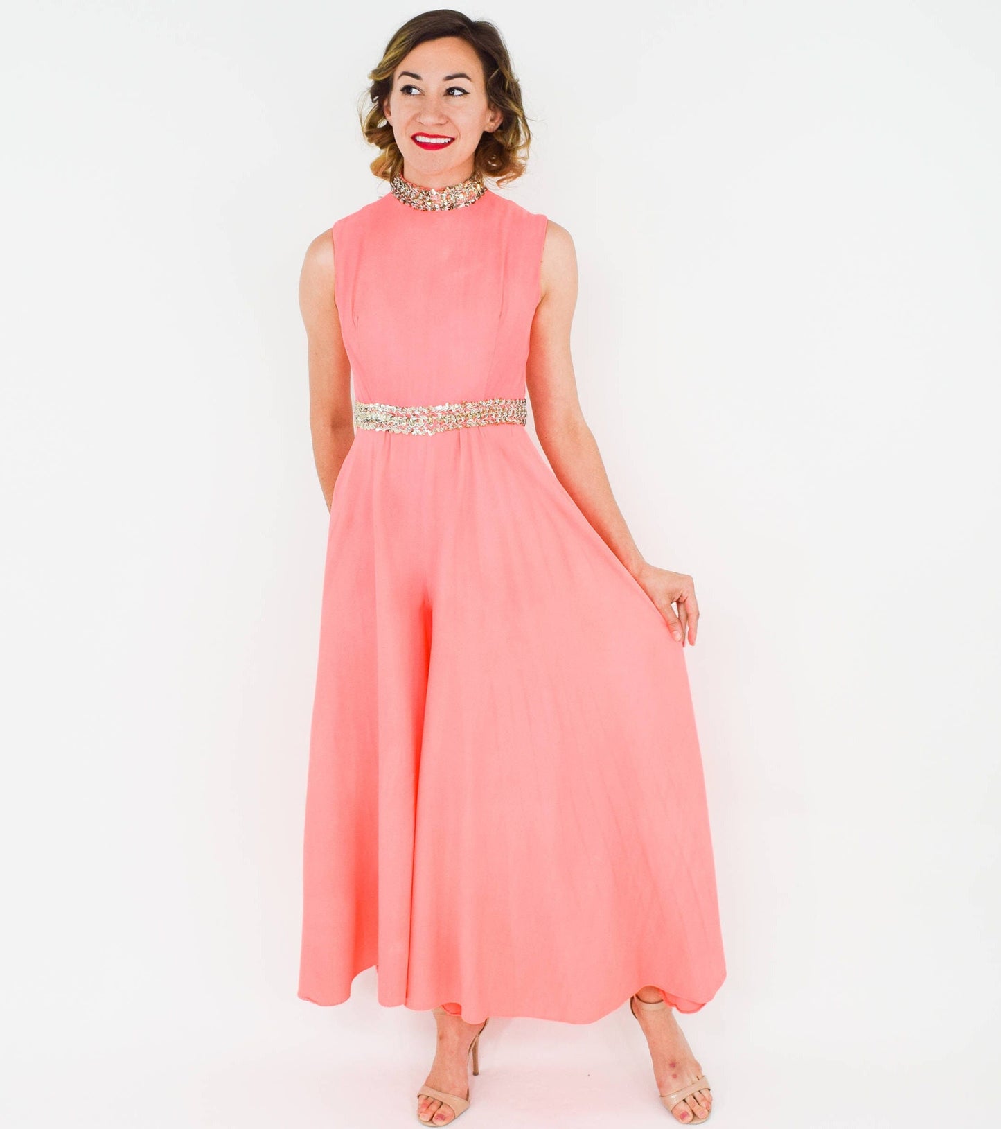 1960s Coral Crepe Palazzo Jumpsuit, Small