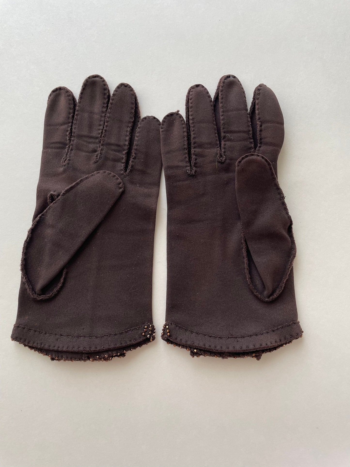 1950s Brown Beaded Gloves, Size 6.5
