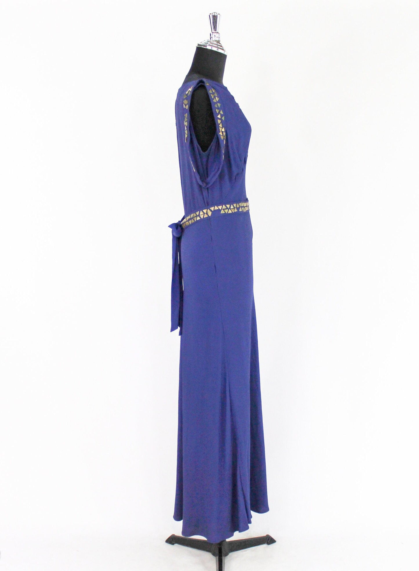 1930s Violet Purple Crepe Evening Dress, Grecian Style Brass Studded Gown, Medium