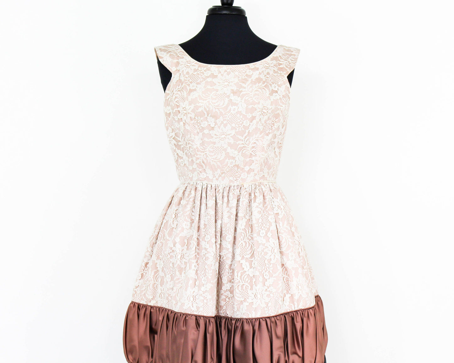 1950s Beige Lace & Brown Satin Party Dress, Medium