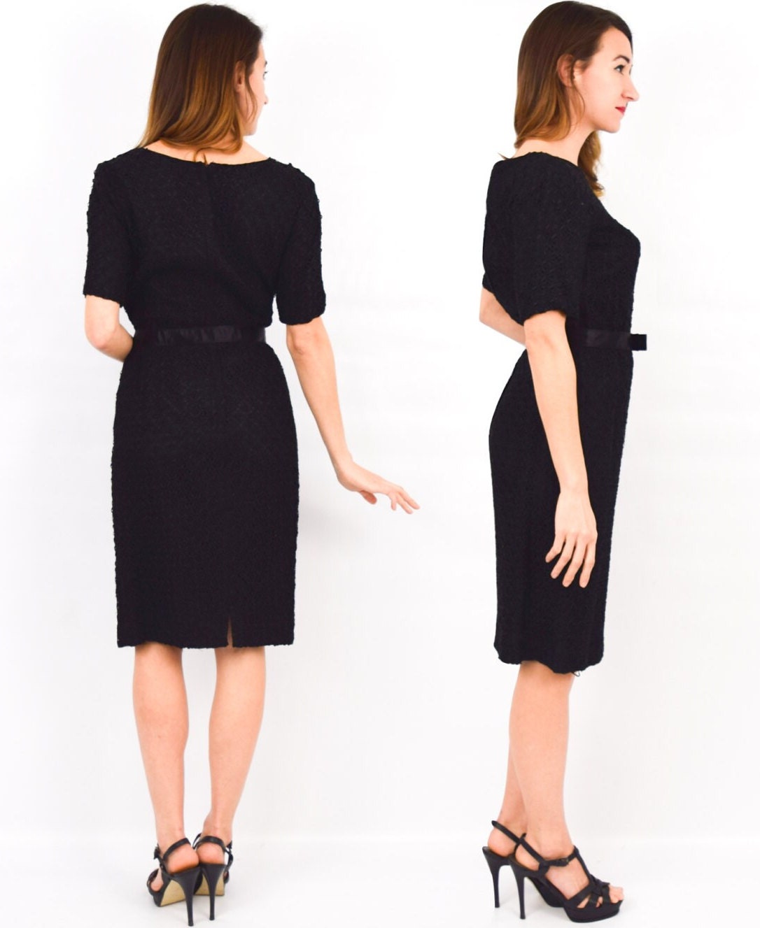 1950s Black Ribbon Lace Dress, Crochet Look, Medium
